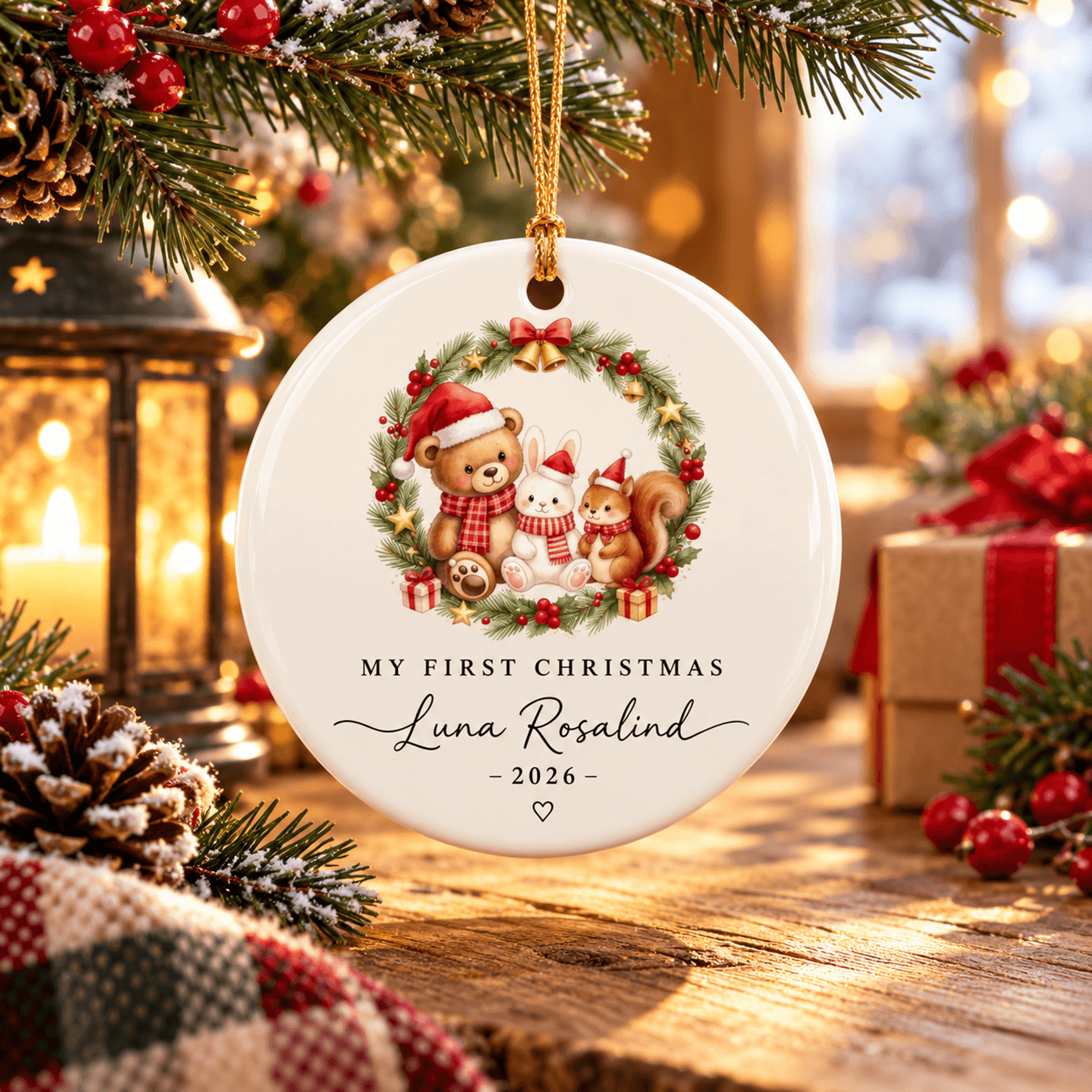 personalized baby first christmas ornament, custom name 2026 woodland animals keepsake, newborn holiday christmas gift