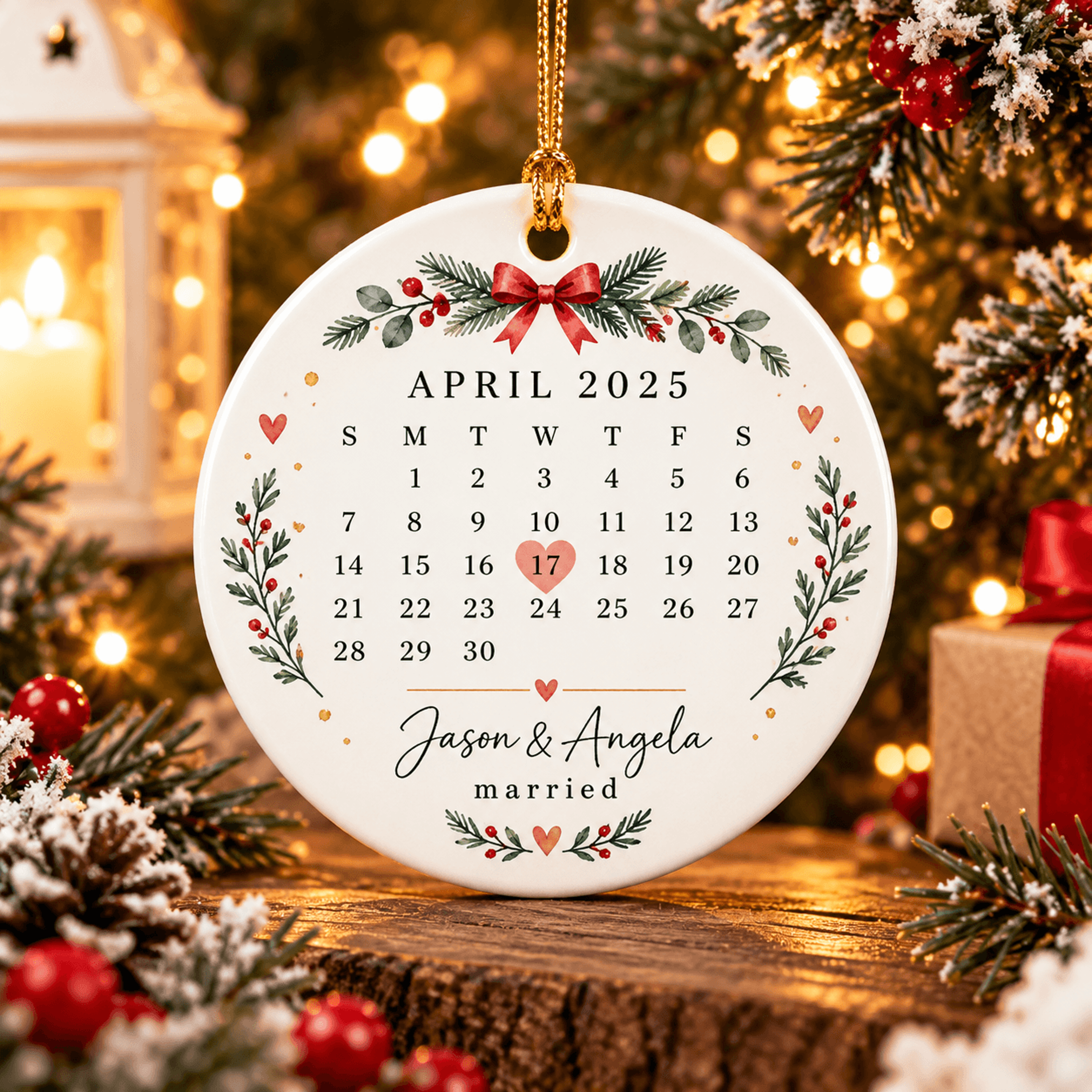 personalized wedding date ornament, custom married couple calendar christmas keepsake, names & special date gift 2025
