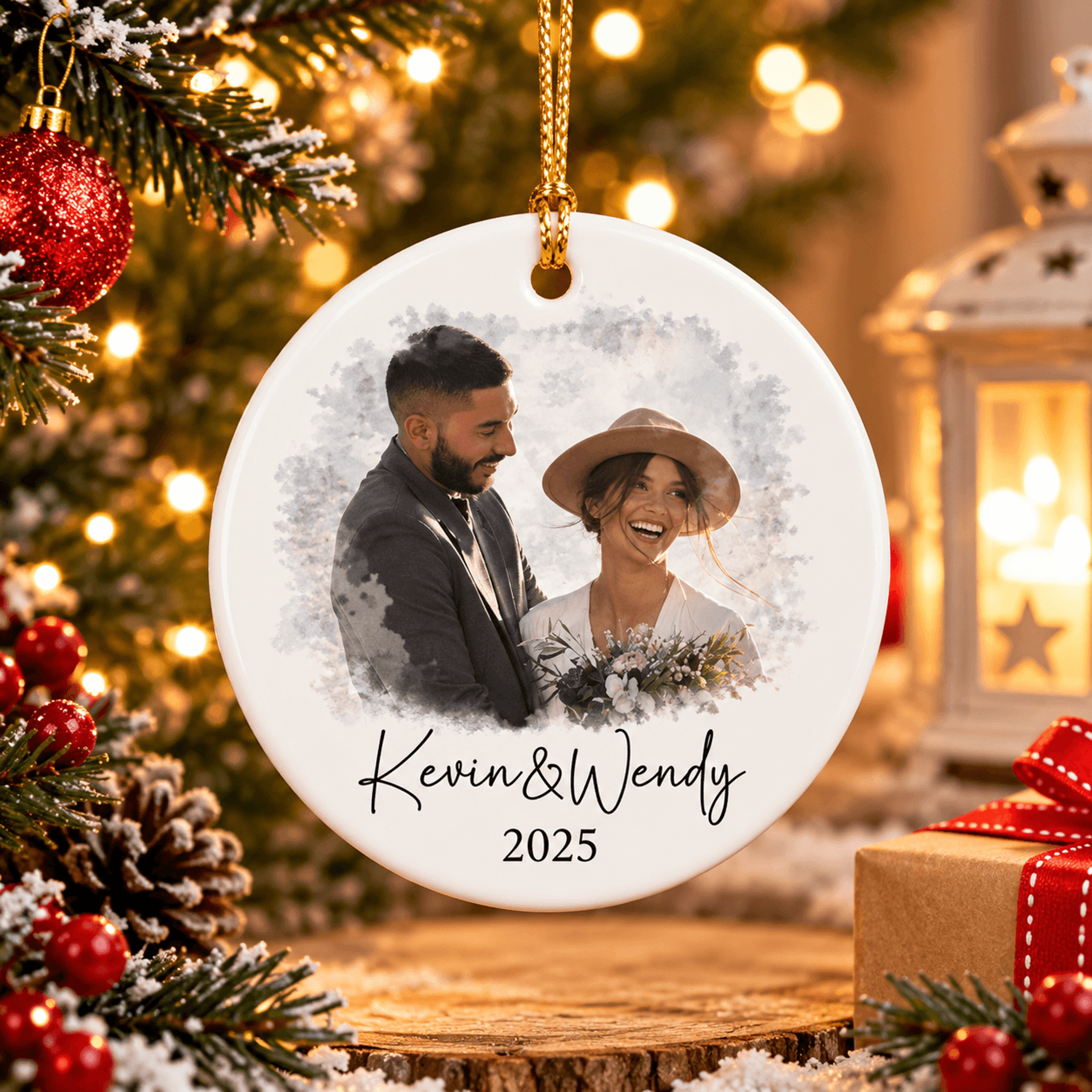 personalized photo christmas ornament, custom couple picture keepsake, names and year ornament, wedding holiday gift2025