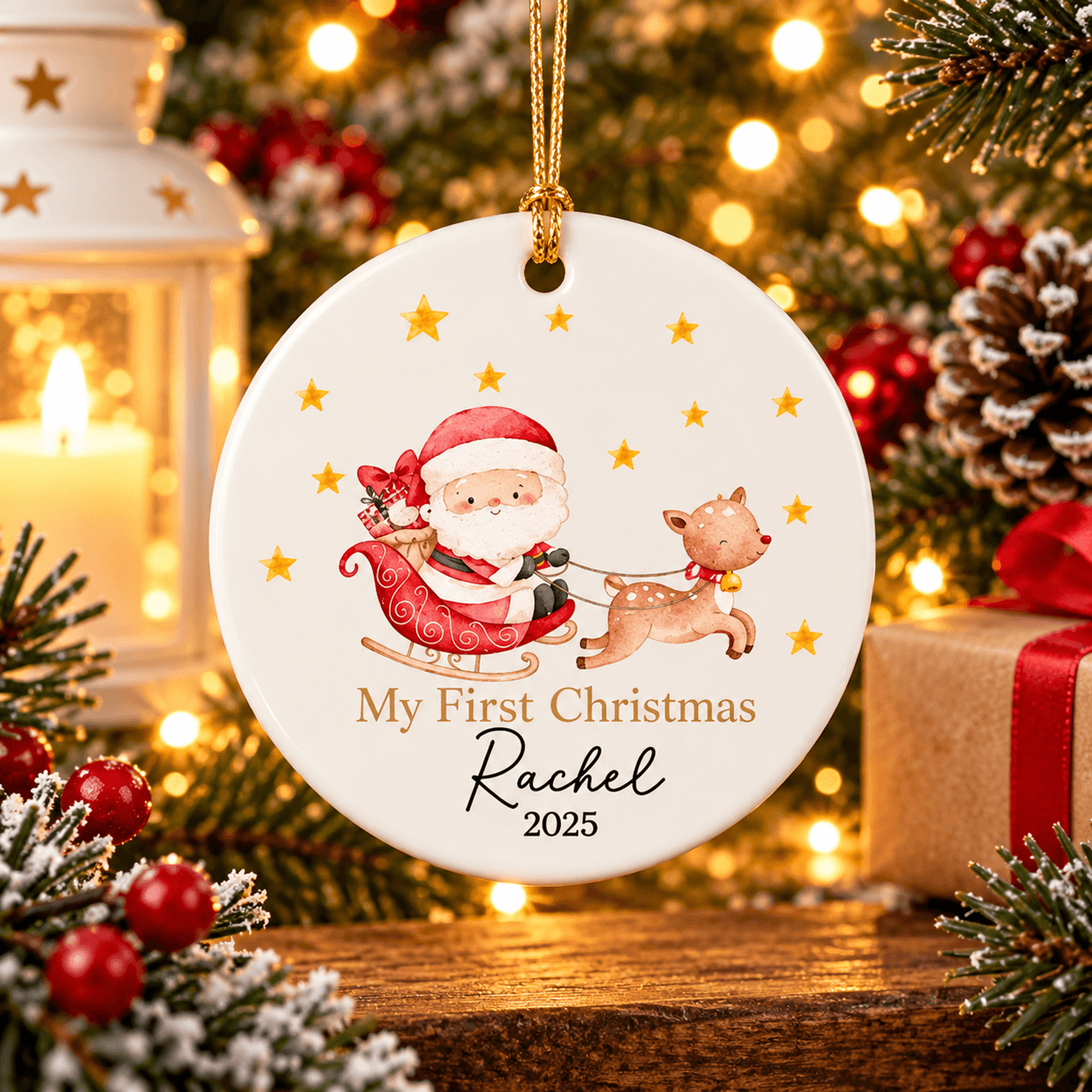 personalized first christmas ornament, custom name & year santa sleigh reindeer keepsake, baby christmas gift 2025