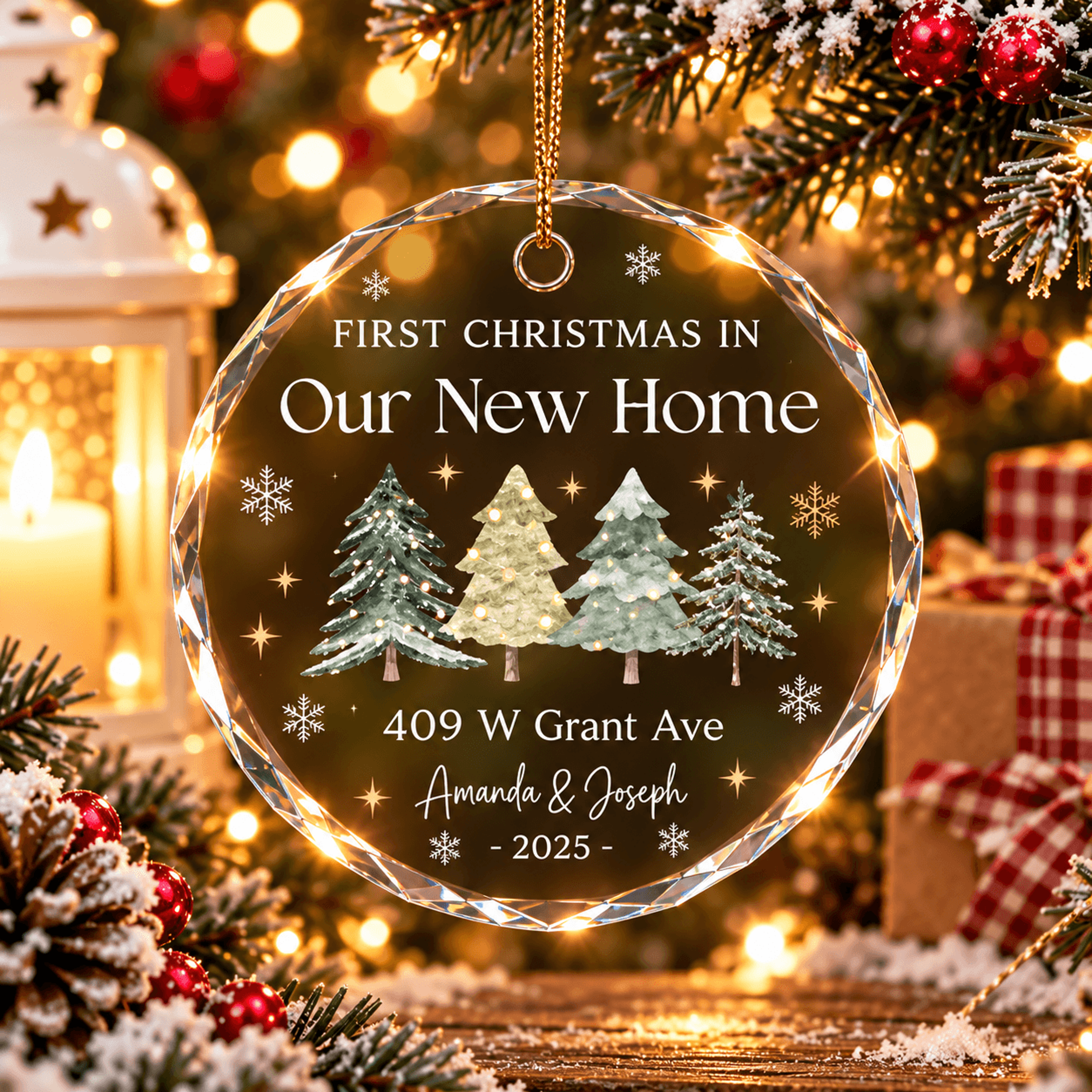 personalized first christmas new home ornament, custom address couple names & year, crystal housewarming christmas keeps