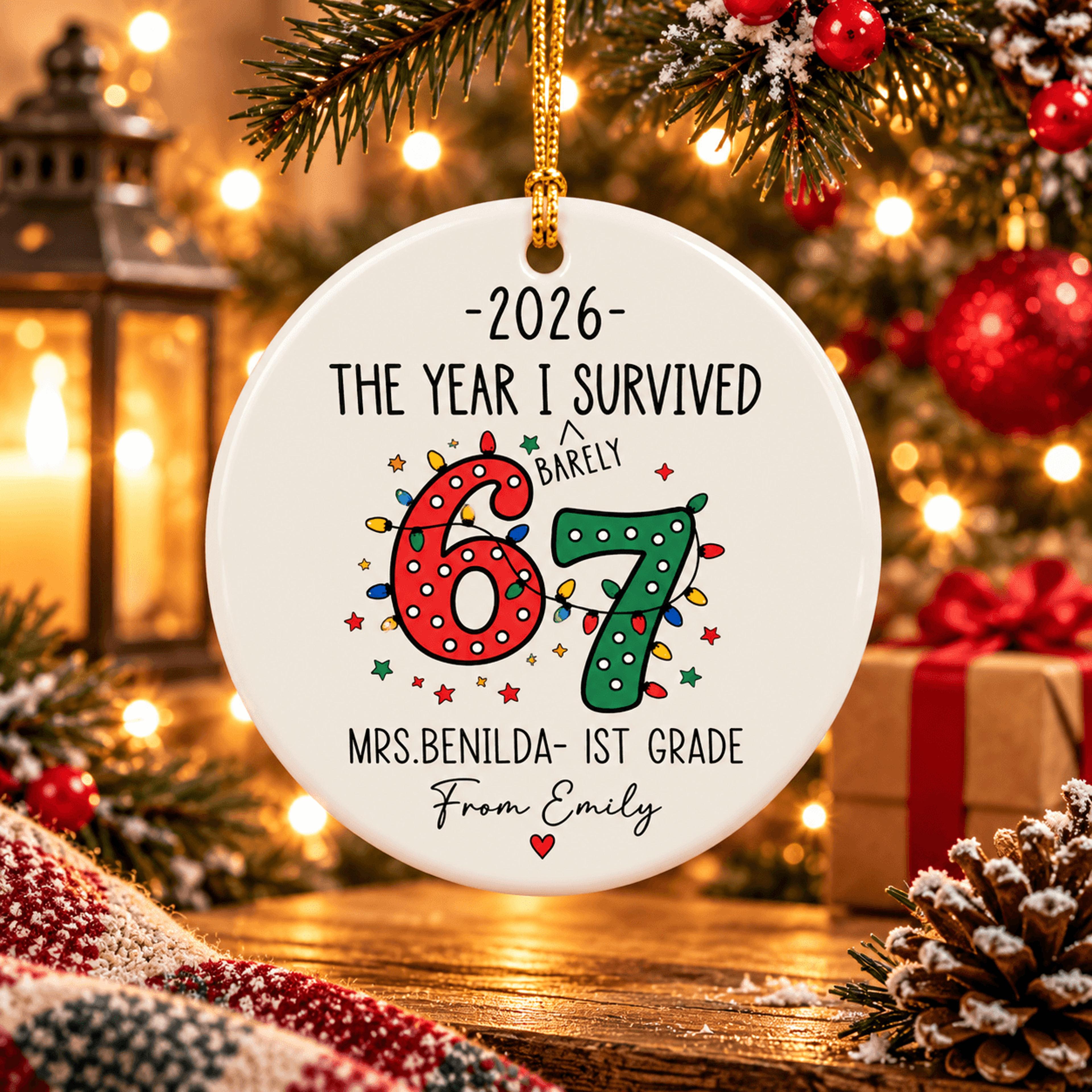 personalized teacher christmas ornament, 67 survived 2026 funny teacher gift, custom teacher name grade & student