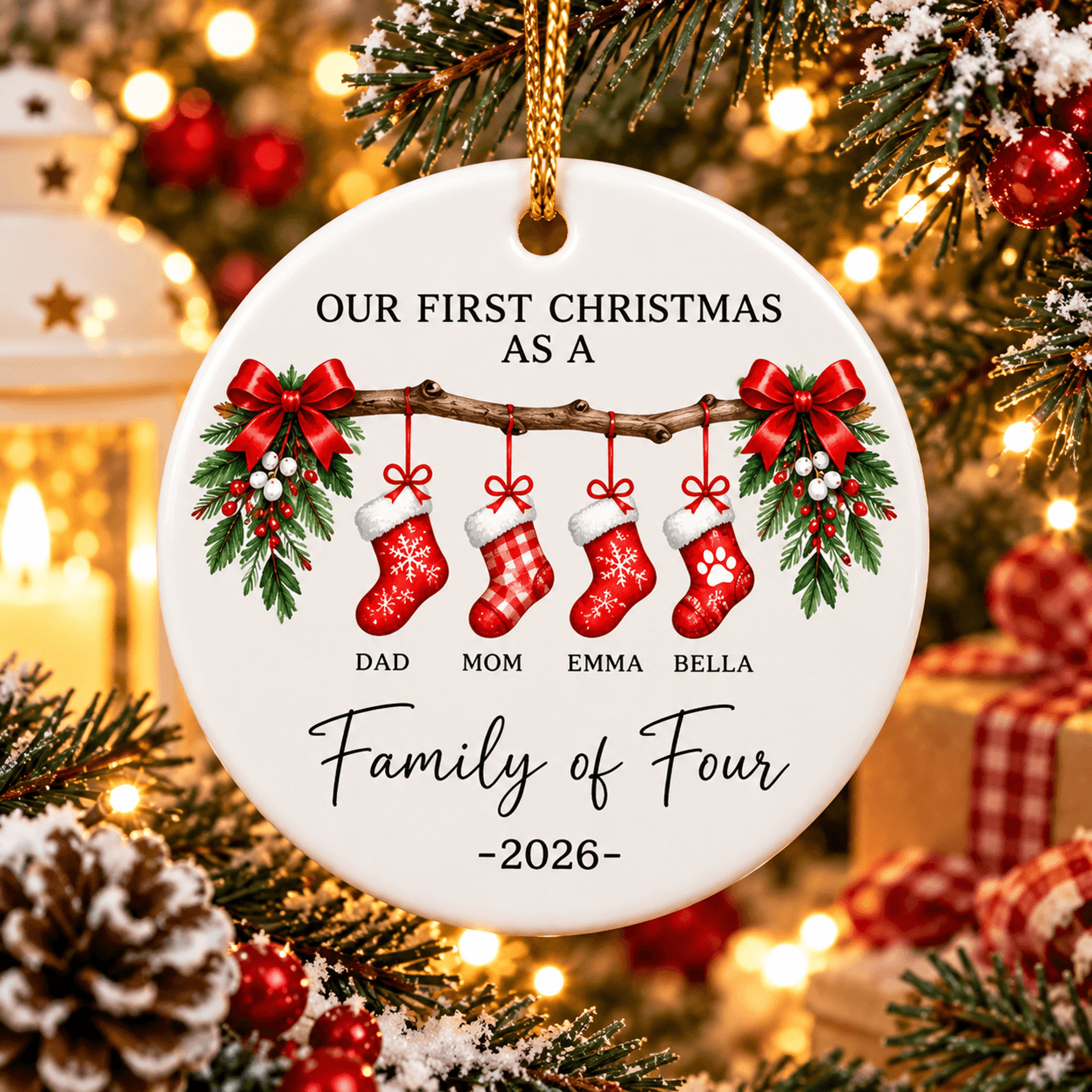 personalized family of four christmas ornament, first christmas custom family names keepsake, stocking ornament gift2026