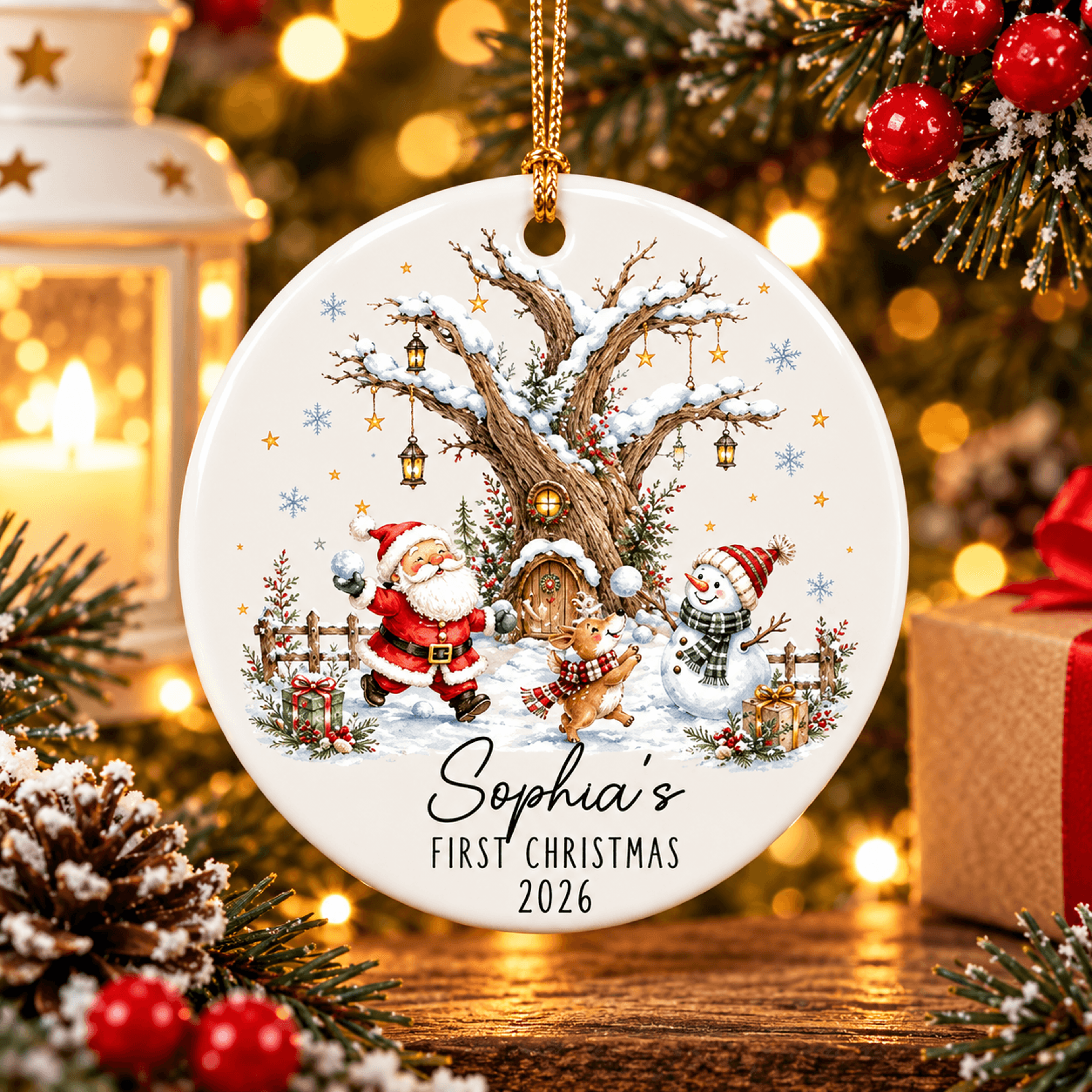 personalized baby first christmas ornament, custom name christmas keepsake, santa snowman reindeer holiday gift 2026