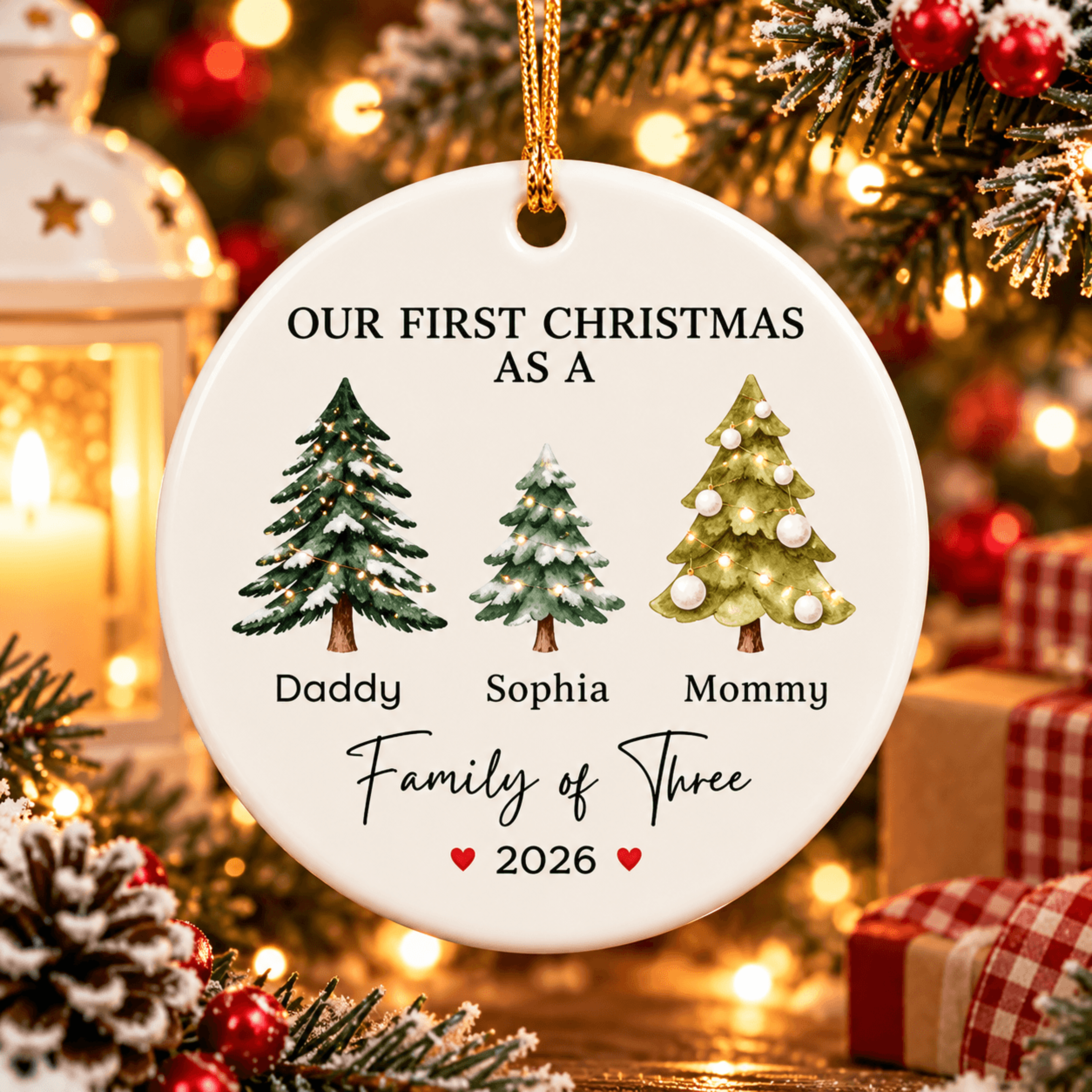 personalized family of three christmas ornament, custom family names keepsake, first christmas together gift 2026