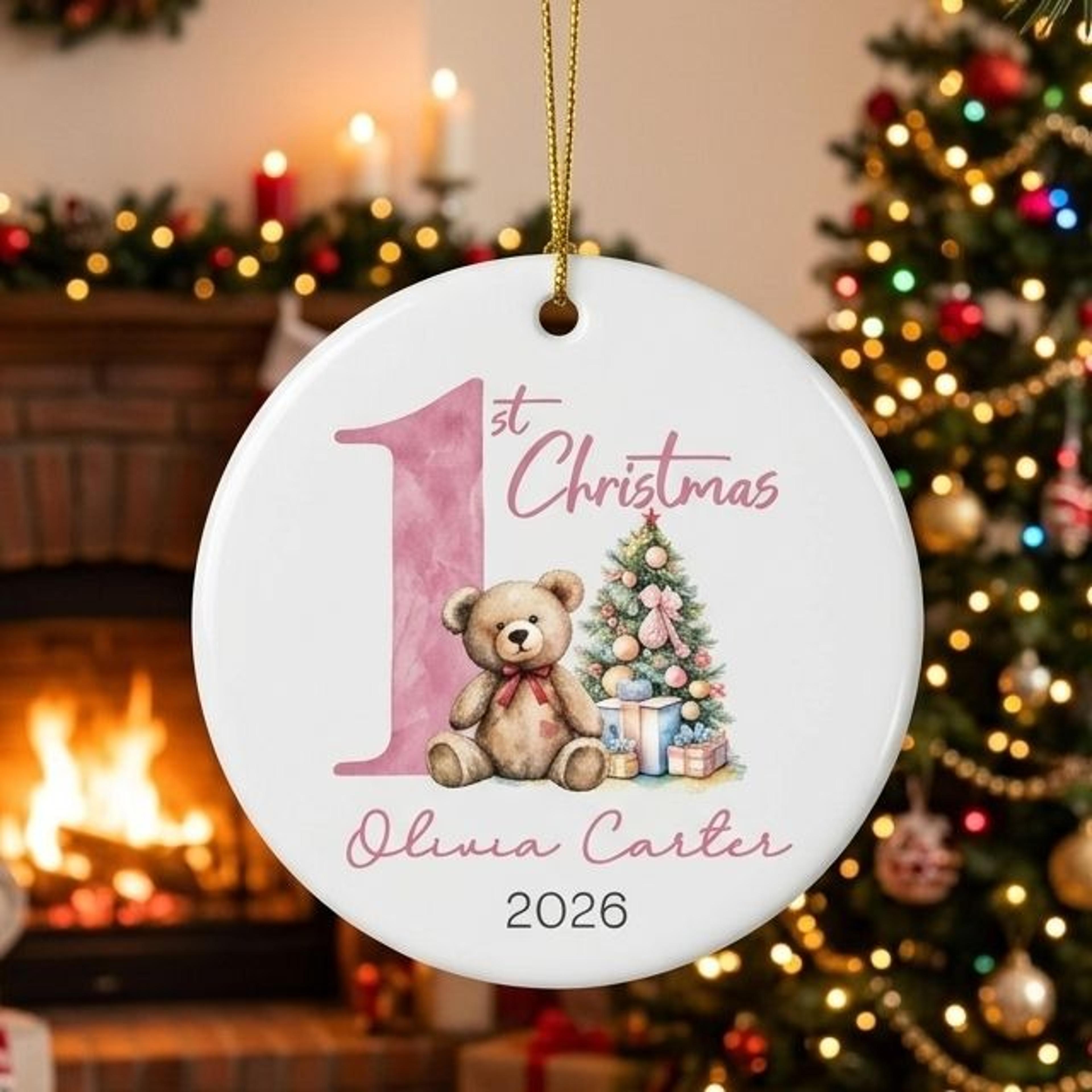 personalized baby first christmas ornament 2026, custom baby name keepsake, 1st christmas teddy bear tree gift