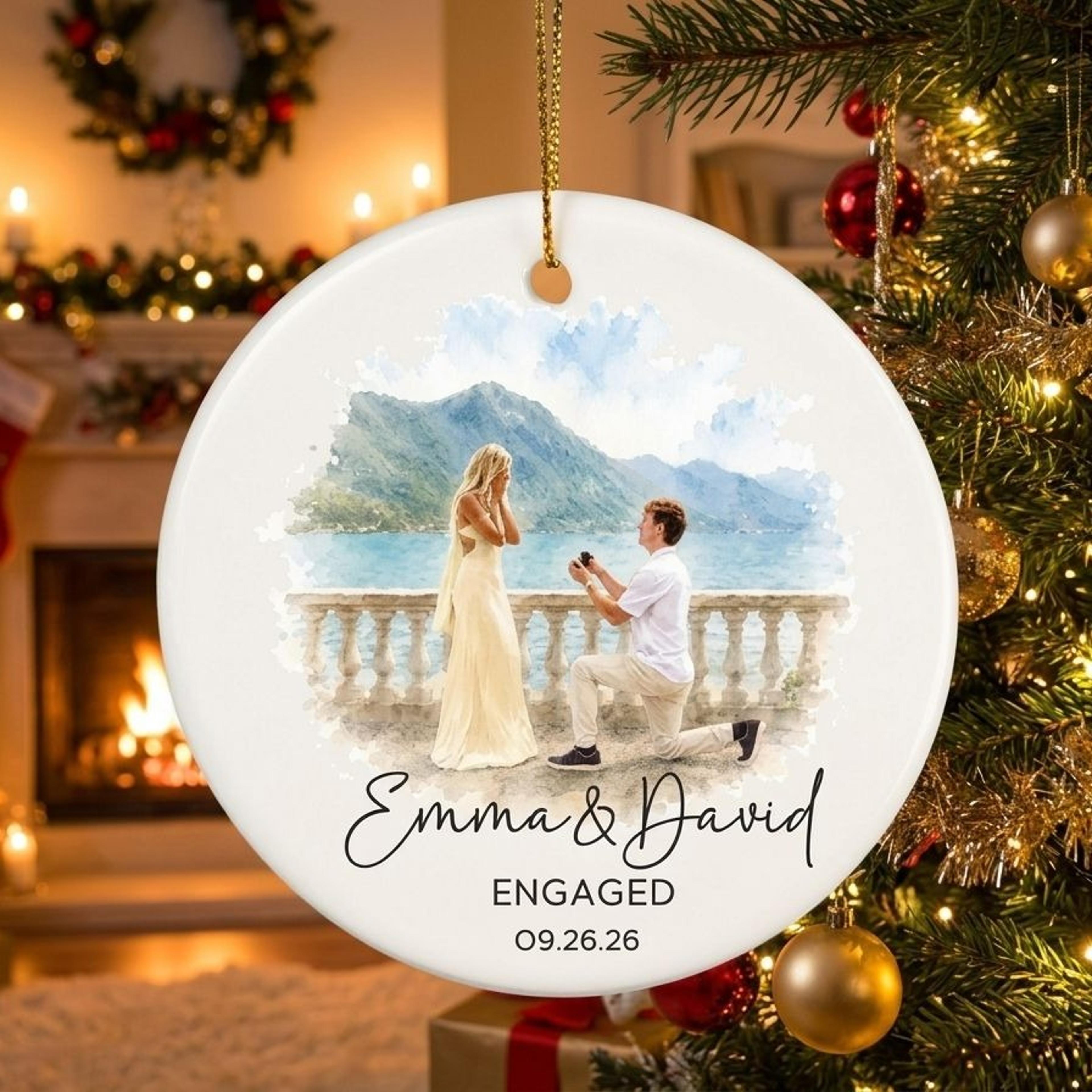 personalized engagement ornament 2026, custom couple photo christmas ornament, engaged keepsake, proposal gift for