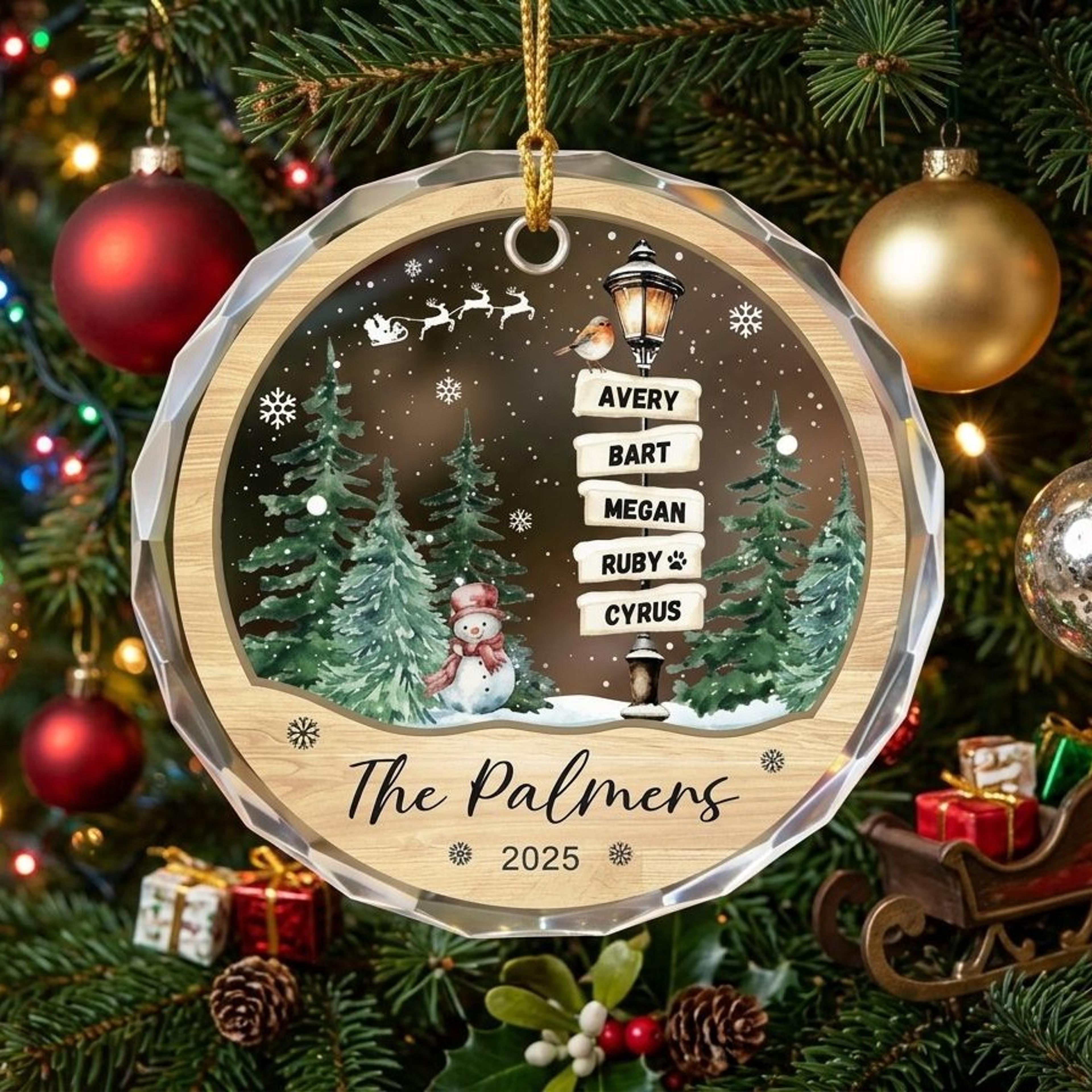 personalized family christmas ornament 2025, custom family names keepsake, winter signpost ornament, family christmas