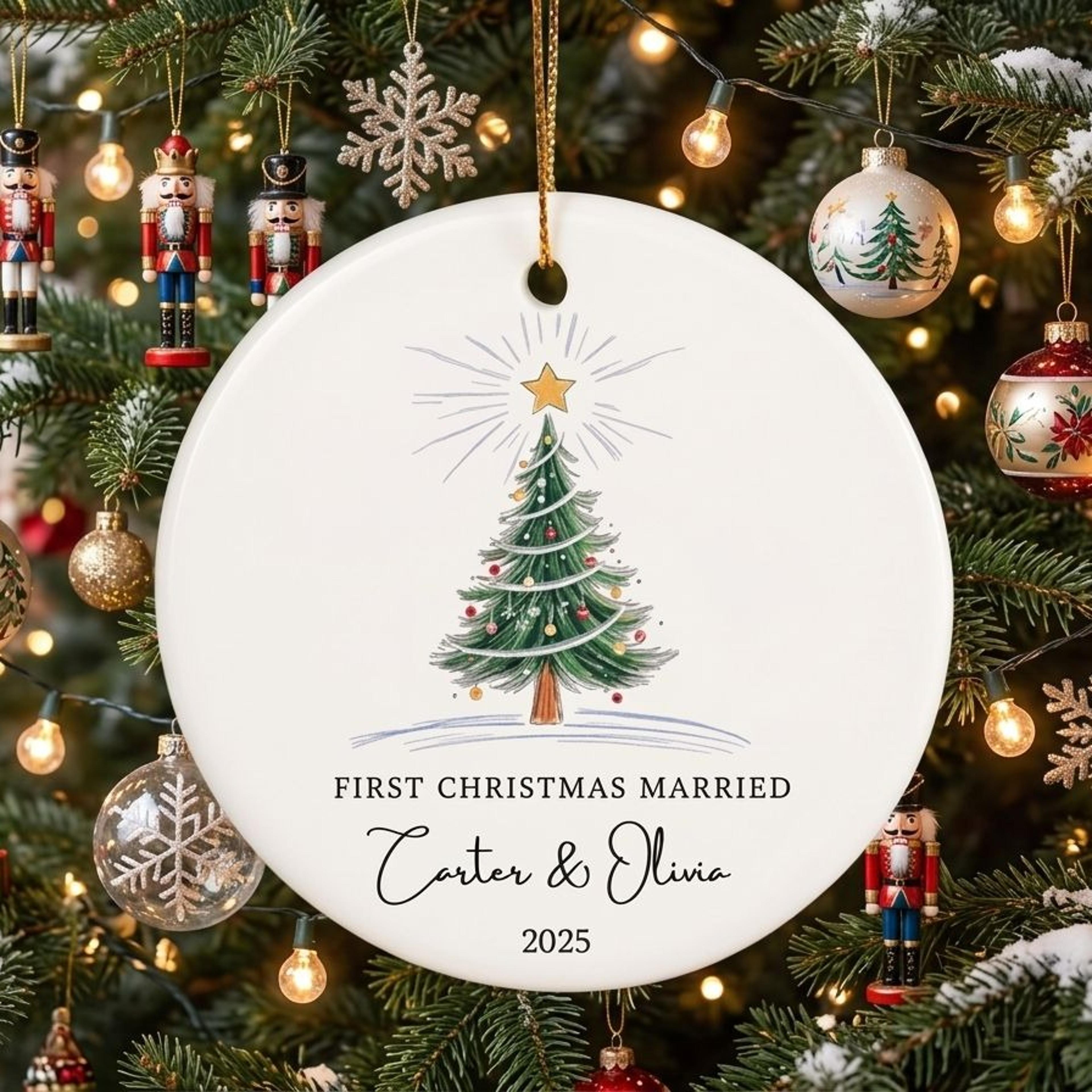 personalized first christmas married ornament, custom couple names & year wedding ornament, newlywed christmas keepsake