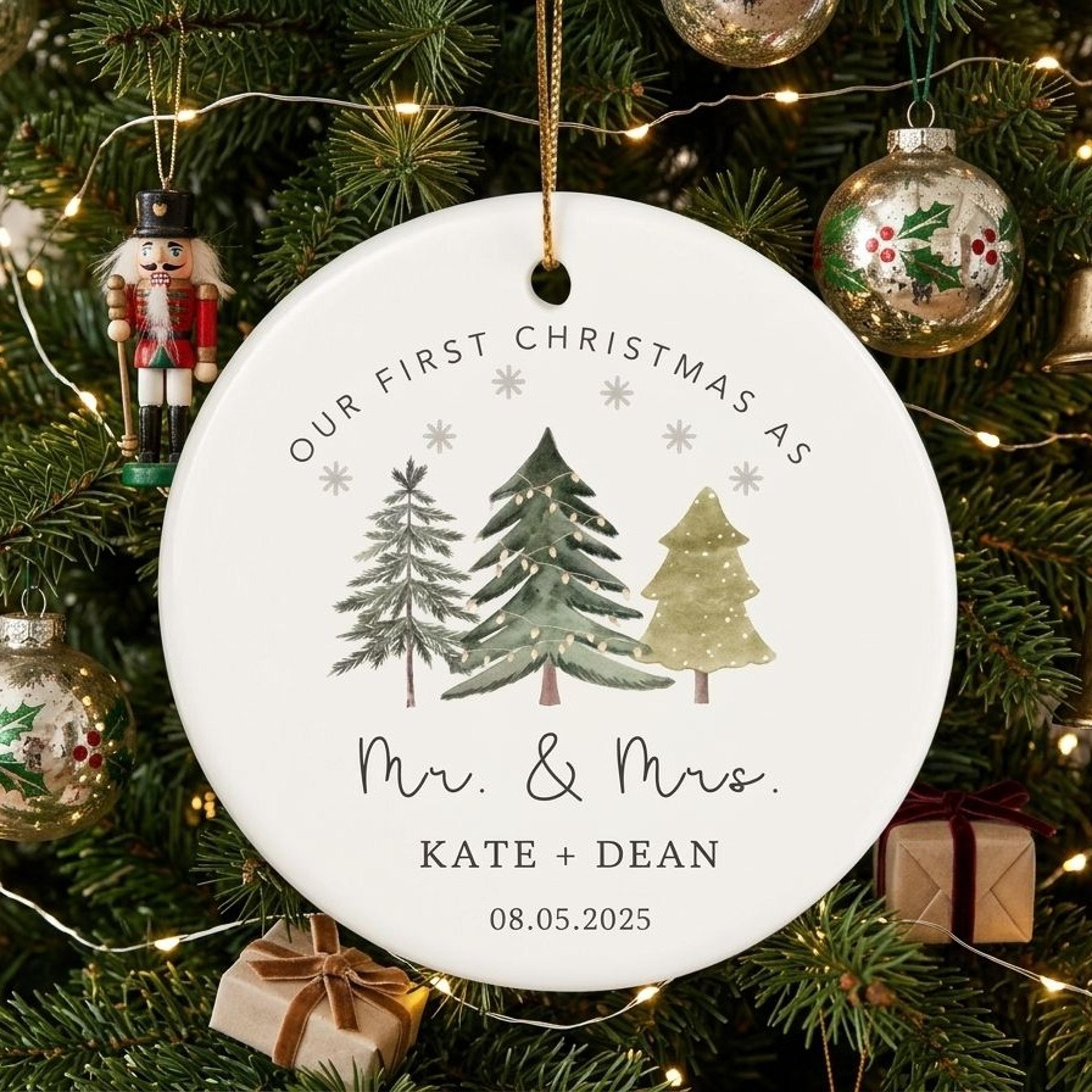personalized first christmas as mr & mrs ornament, custom couple names wedding date ornament, newlywed christmas keepsak