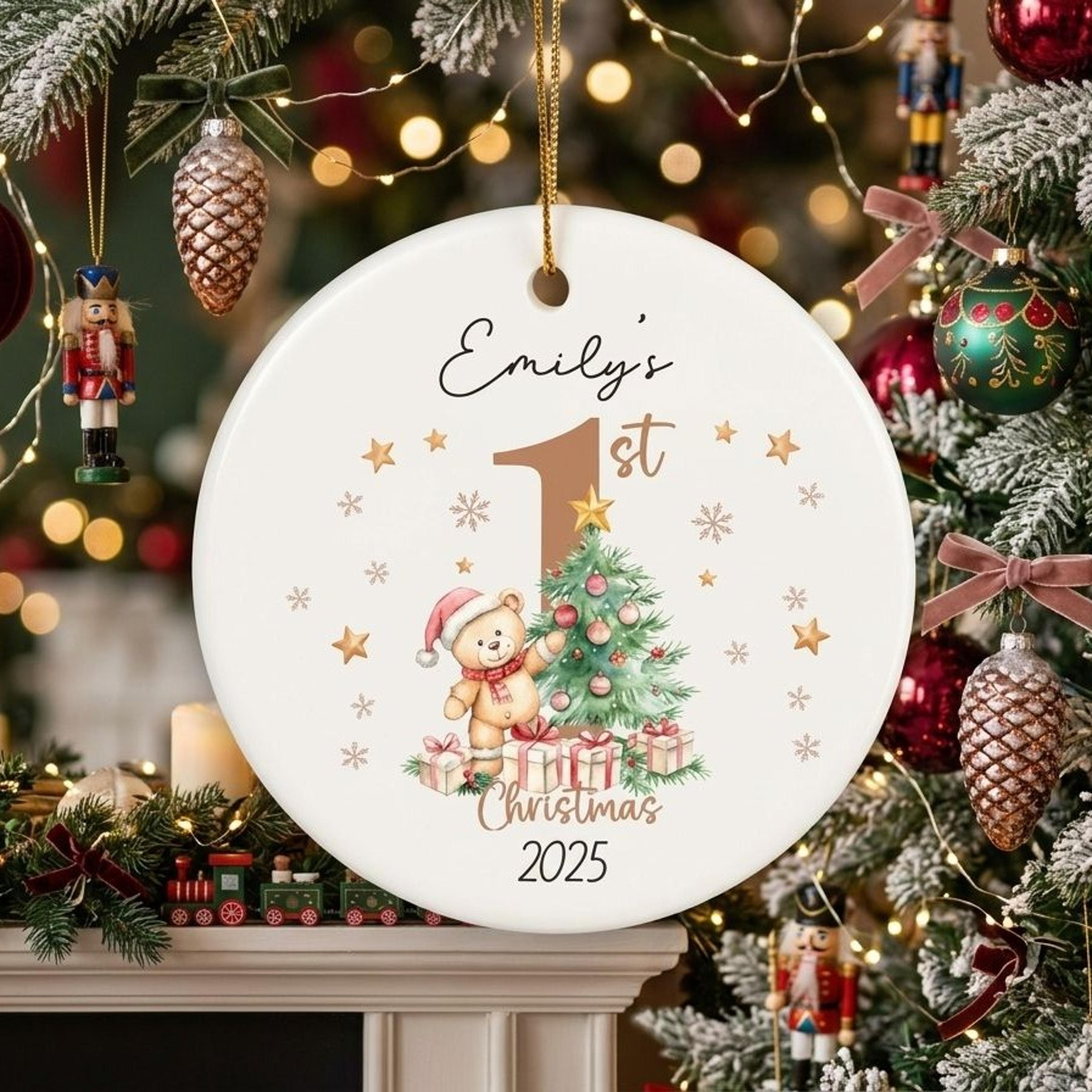 personalized baby first christmas ornament, custom name & year 1st christmas keepsake, teddy bear baby holiday gift