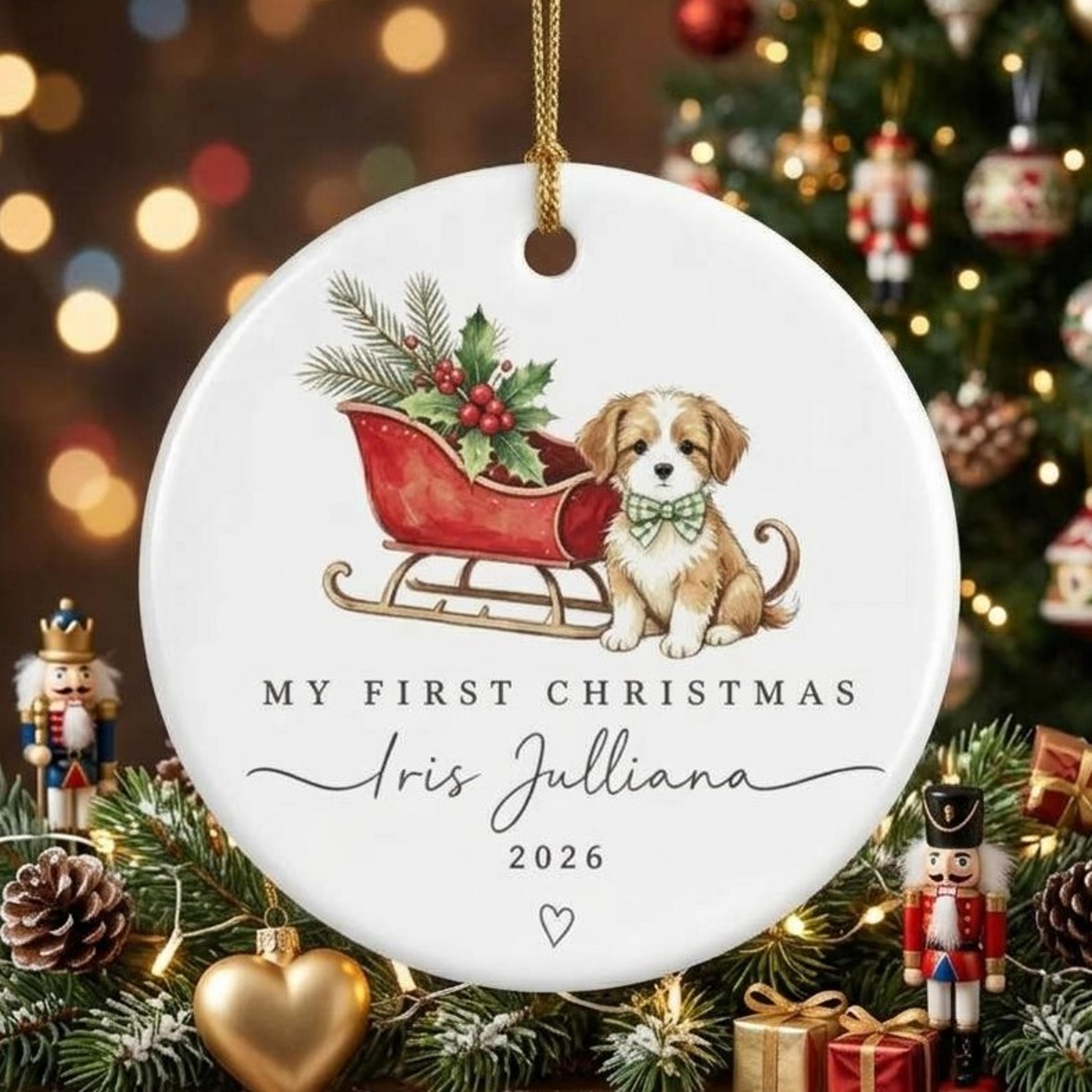personalized dog first christmas ornament, custom pet name & year christmas keepsake, puppy holiday memorial gift 2026