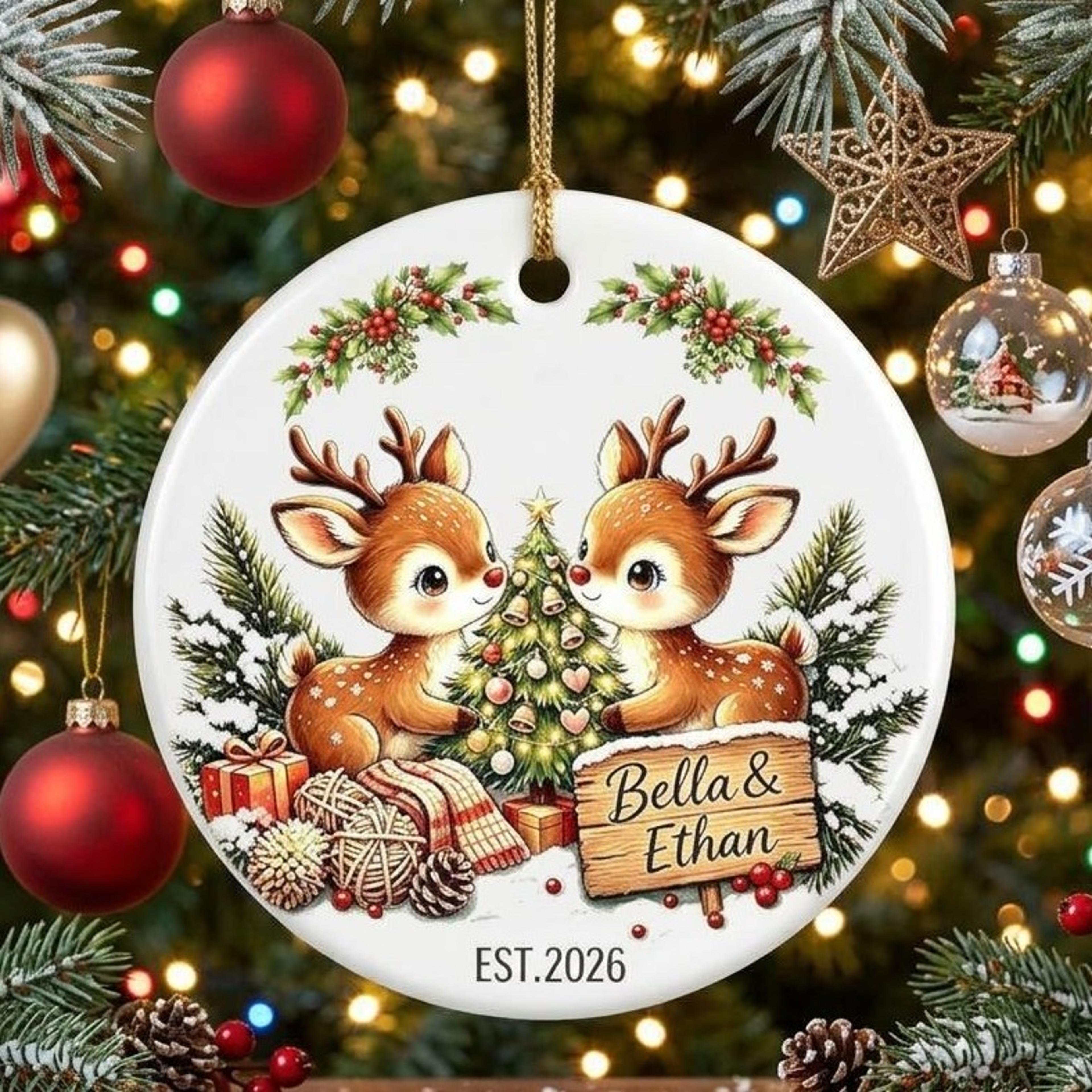 personalized couple christmas ornament, custom names & est year reindeer keepsake, first christmas together gift 2026