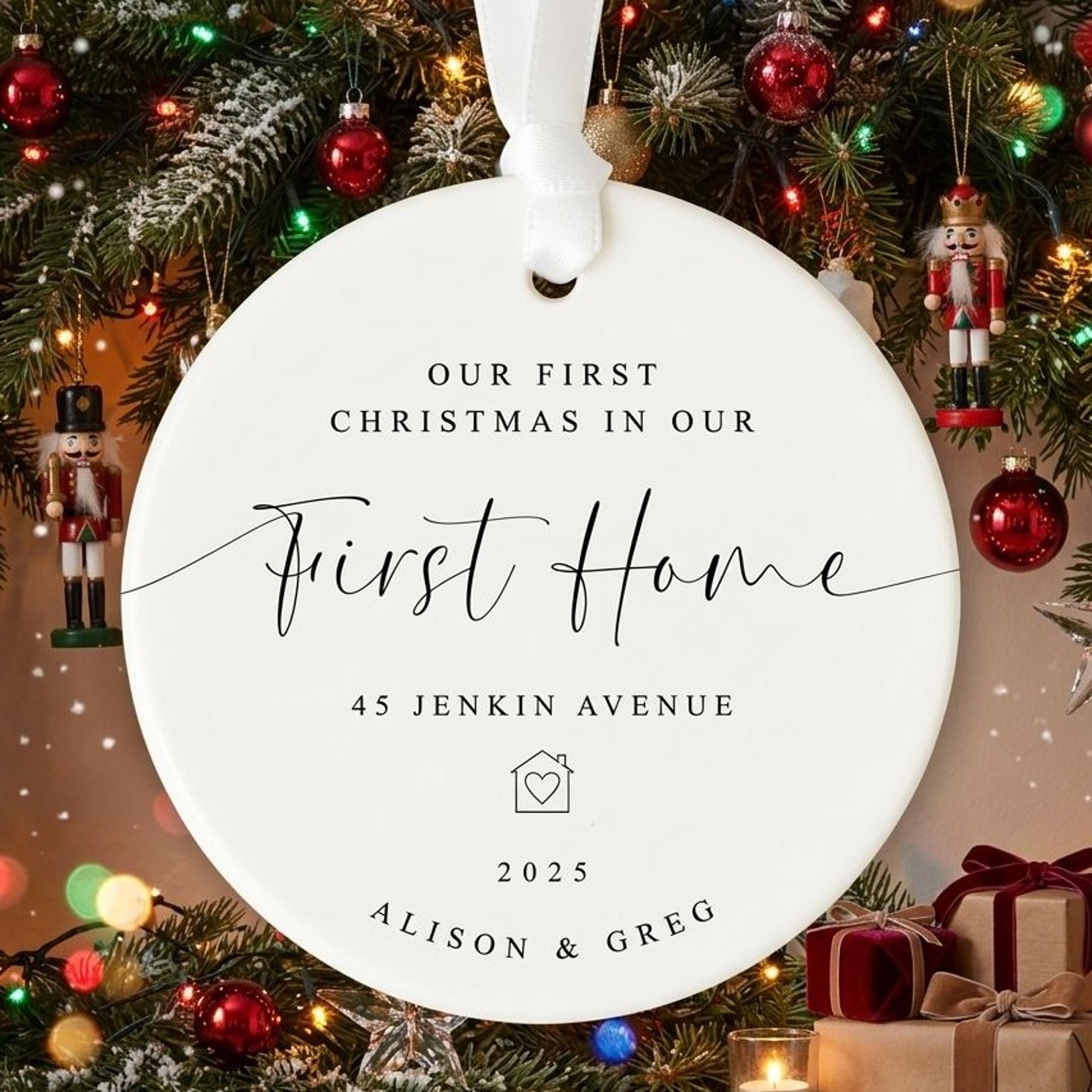 personalized first christmas home ornament, custom family names address & year keepsake, new home christmas gift