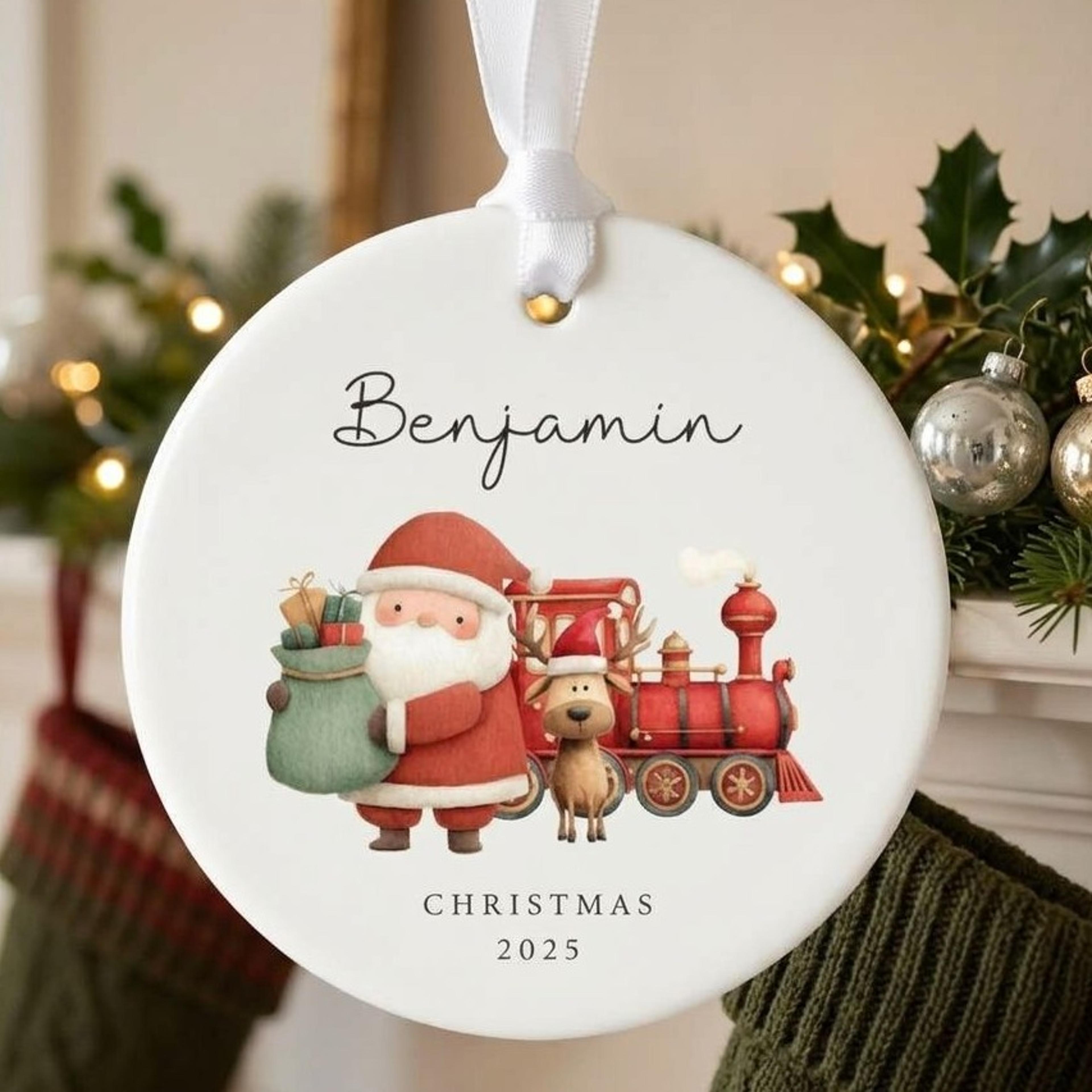 personalized santa christmas ornament, custom name & year kids holiday keepsake, cute christmas train ornament gift