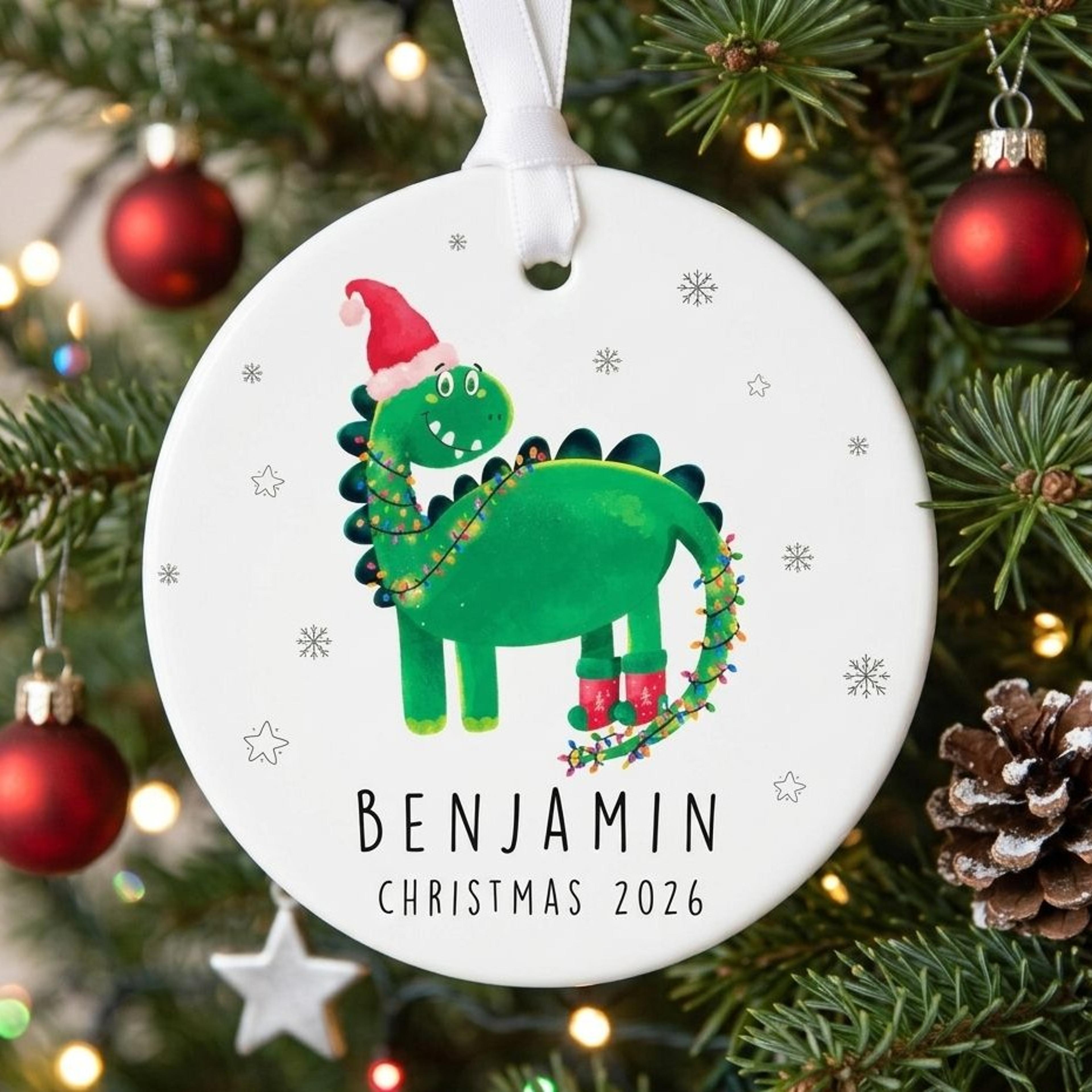personalized dinosaur christmas ornament, custom name & year kids ornament, cute dino holiday keepsake christmas gift