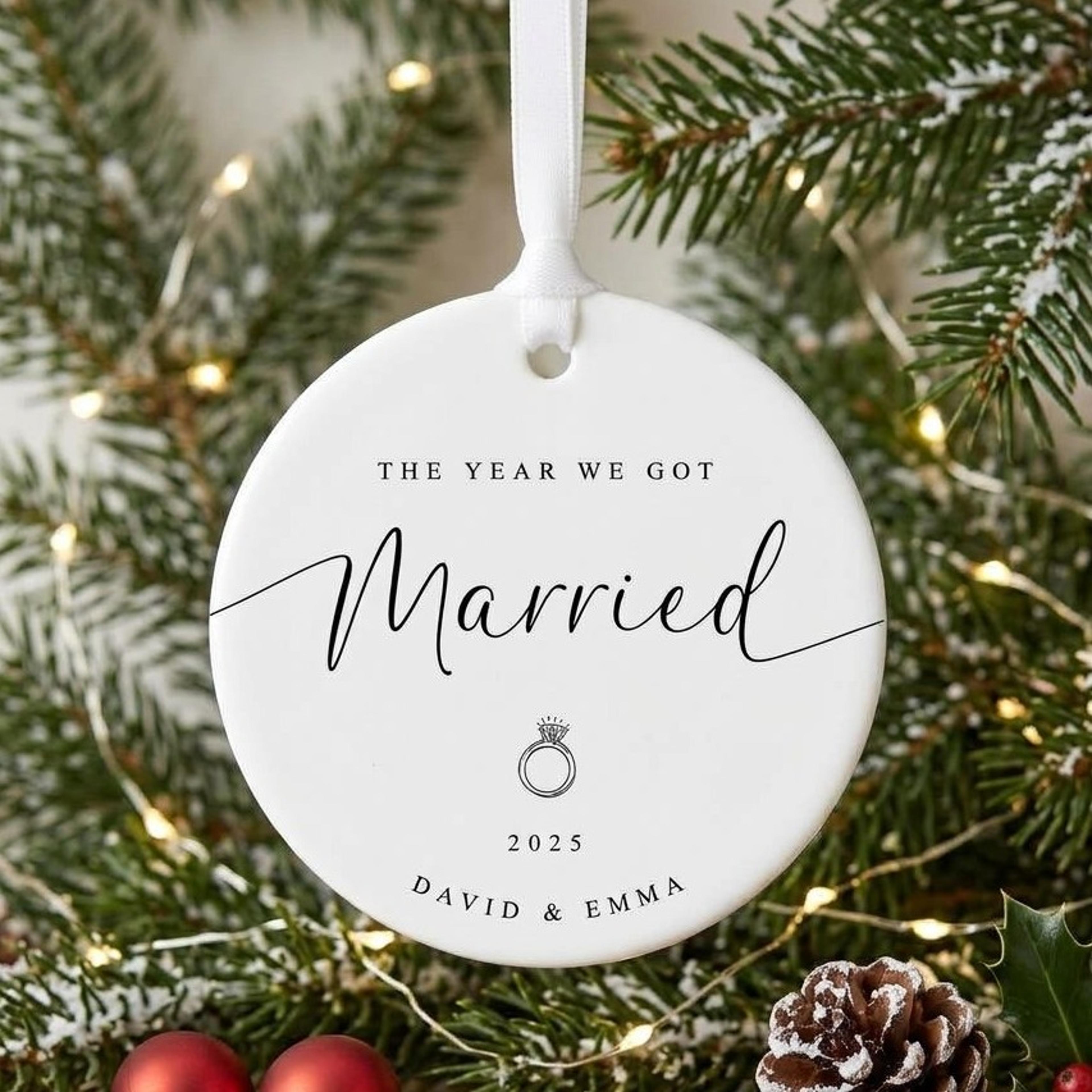 personalized married christmas ornament, custom couple names & wedding year, newlywed first christmas keepsake gift