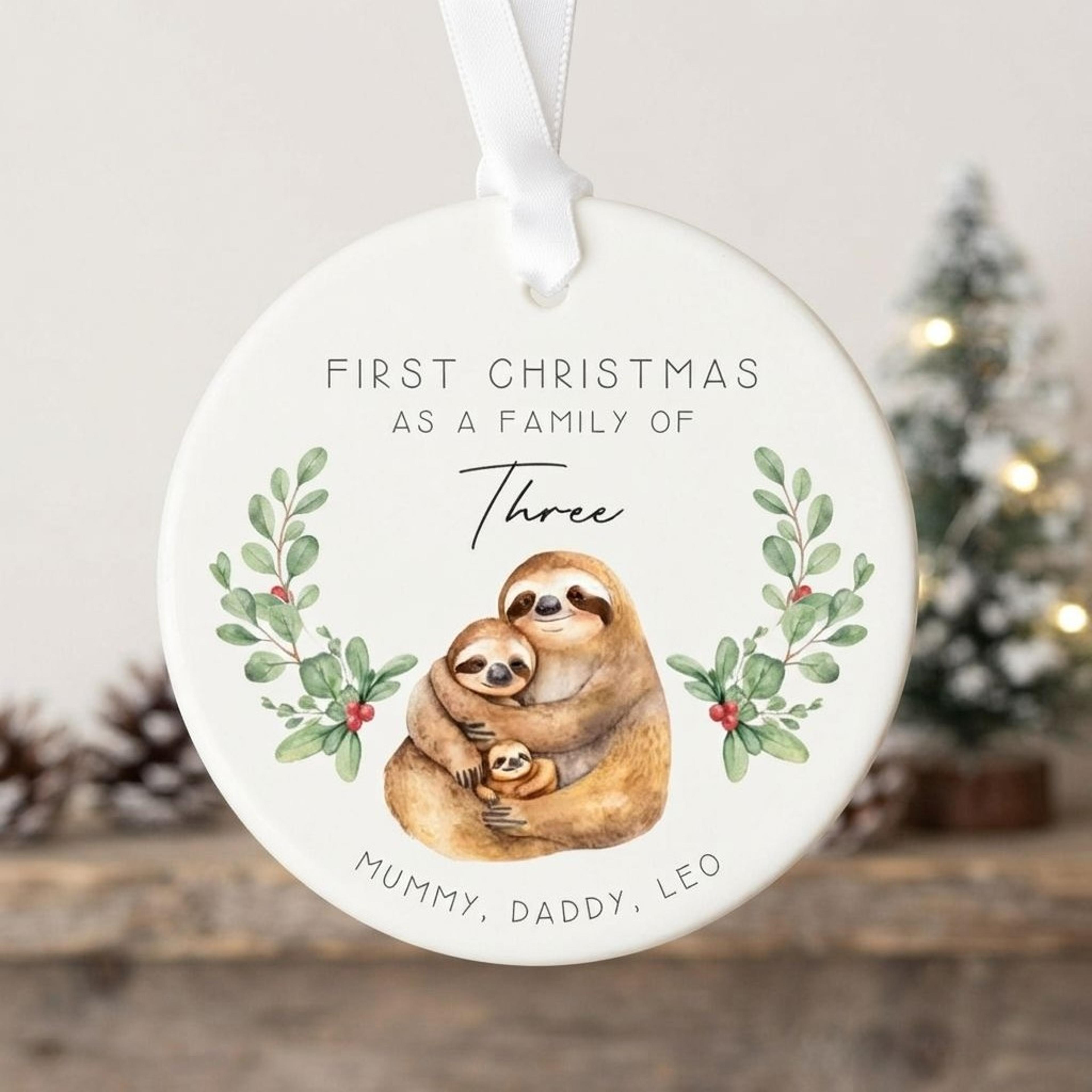 personalized first christmas as a family of three ornament, custom family names, sloth family christmas keepsake gift