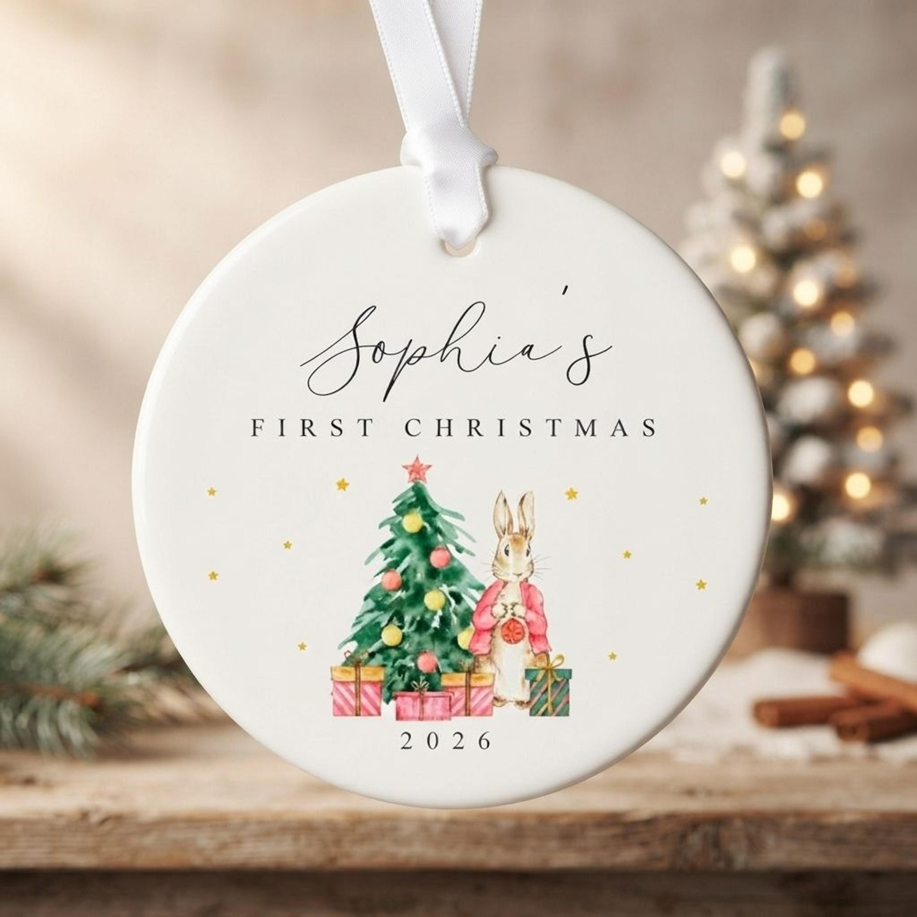 personalized first christmas ornament, custom baby name bunny christmas keepsake, kids christmas tree ornament 2026