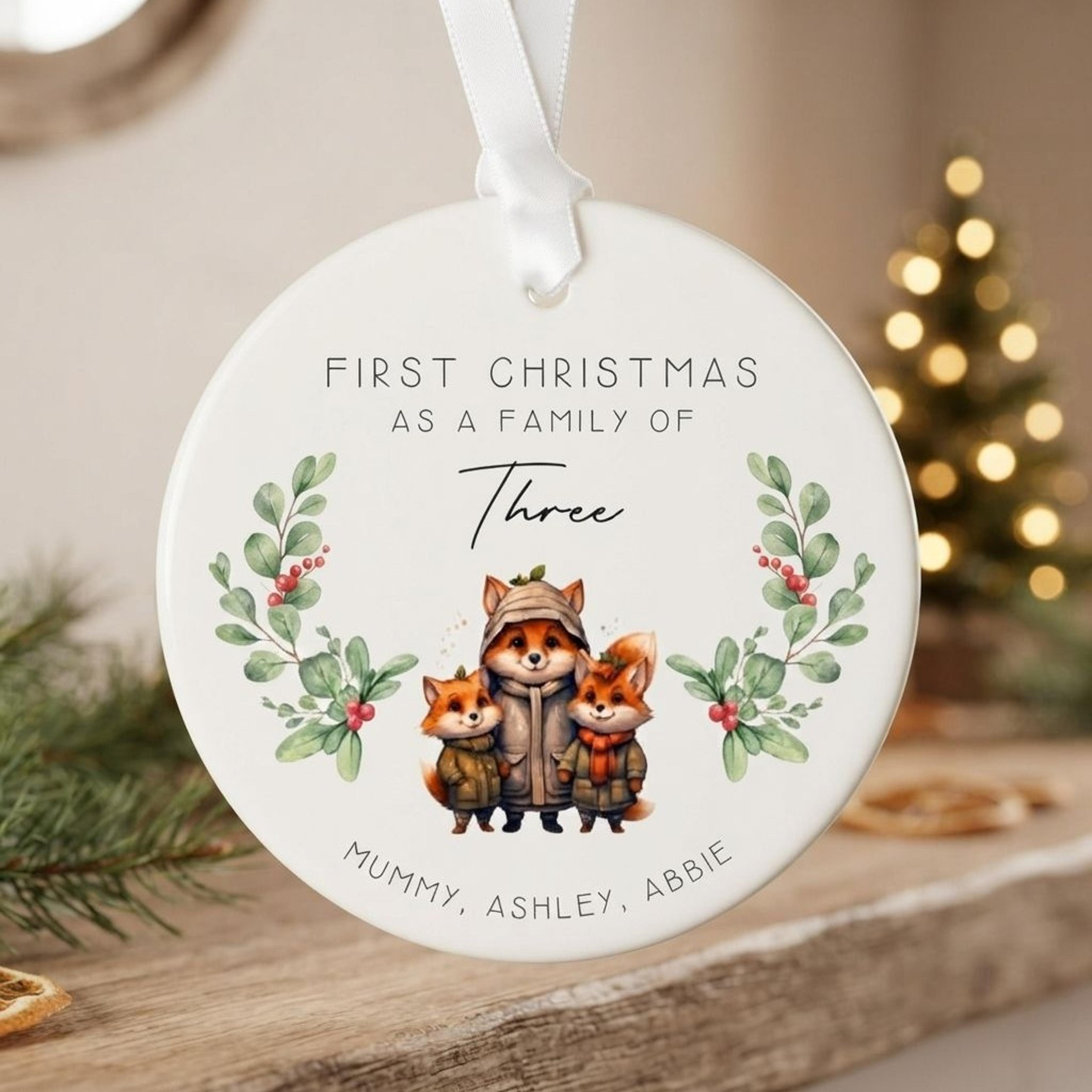 personalized family of three christmas ornament, custom fox family keepsake, first christmas as family of 3 gift