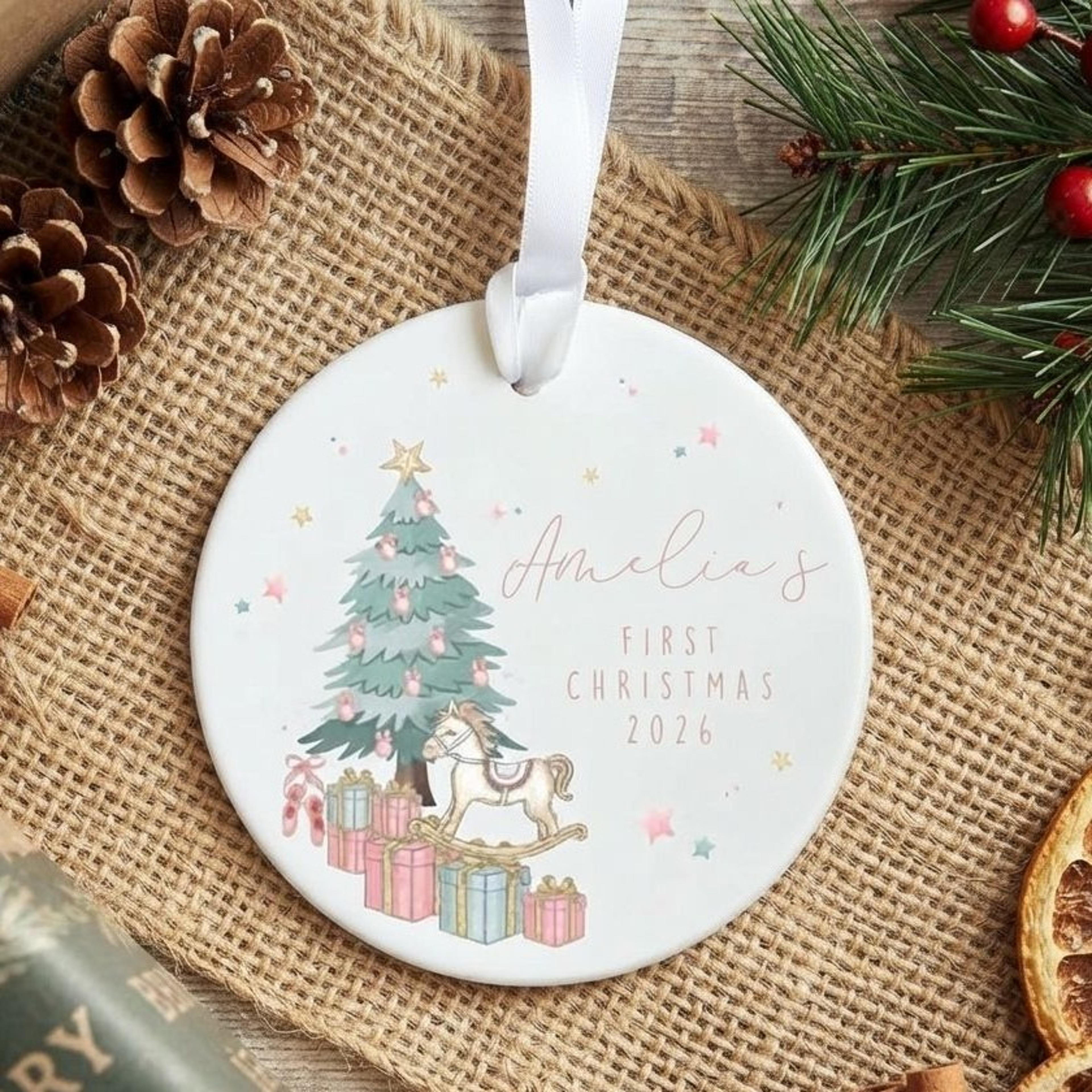 personalized baby's first christmas ornament 2026, custom name rocking horse keepsake, watercolor christmas tree baby