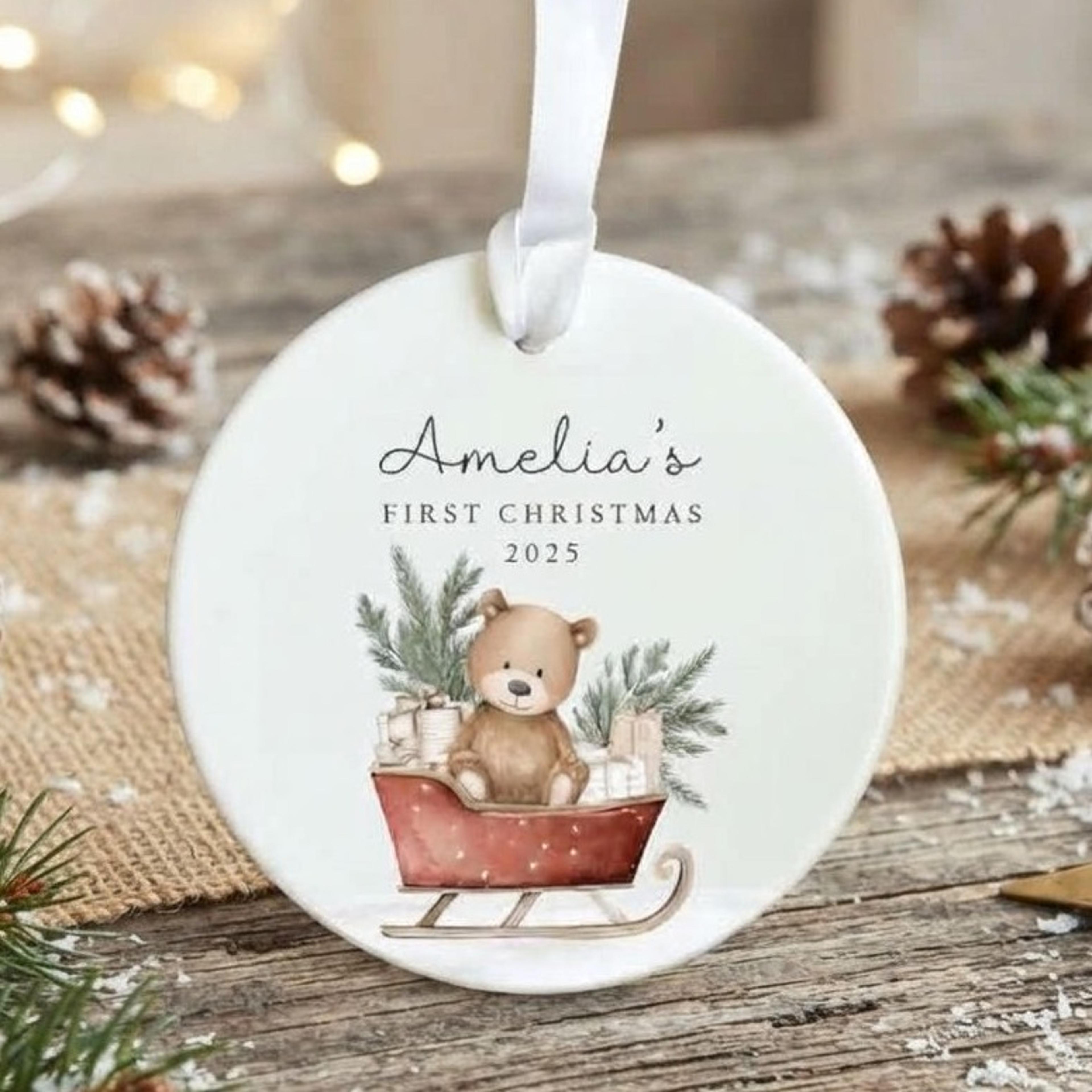 personalized baby first christmas ornament 2025, custom name teddy bear christmas keepsake, baby's first xmas gift