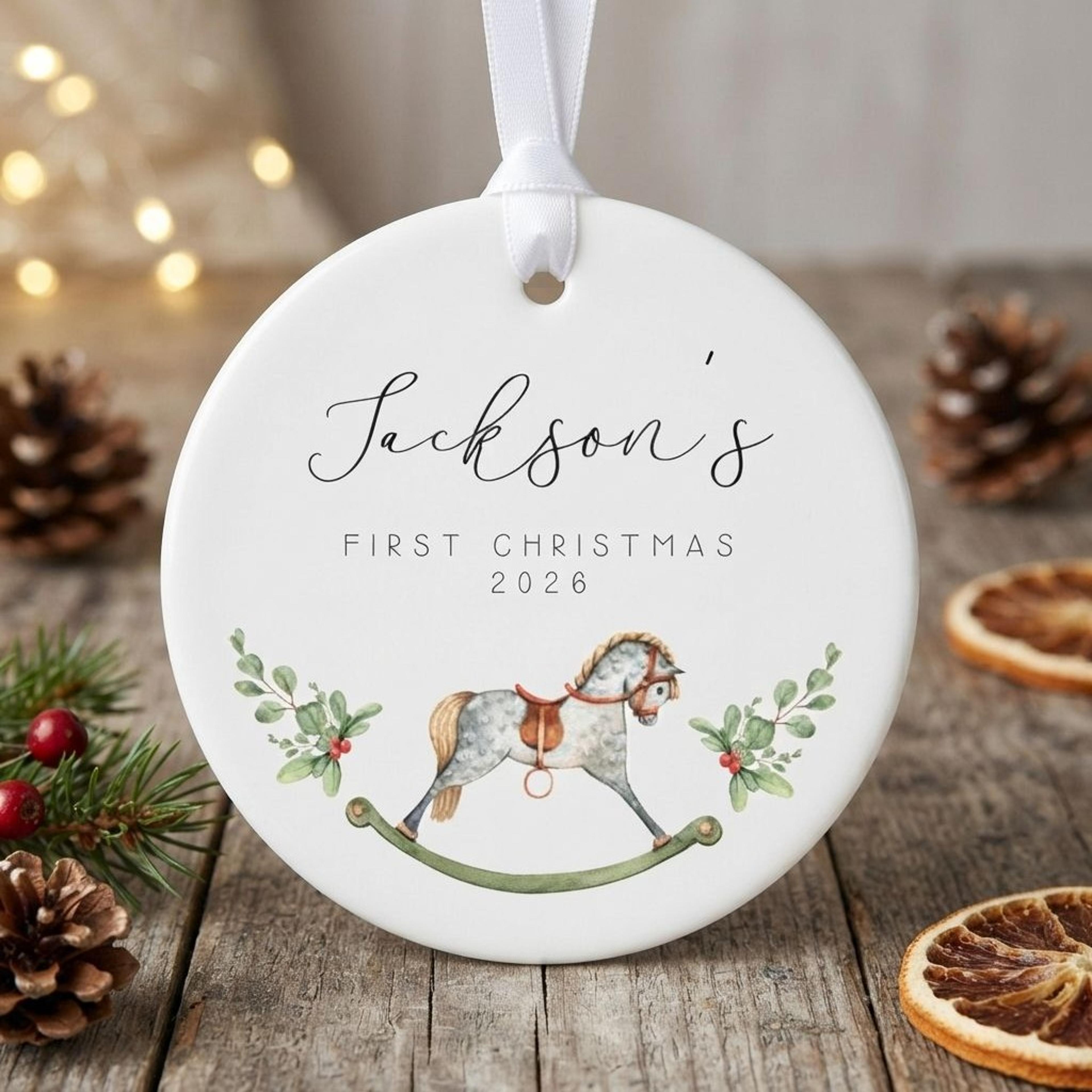 personalized rocking horse first christmas ornament 2026, custom baby name xmas keepsake, vintage newborn holiday tree