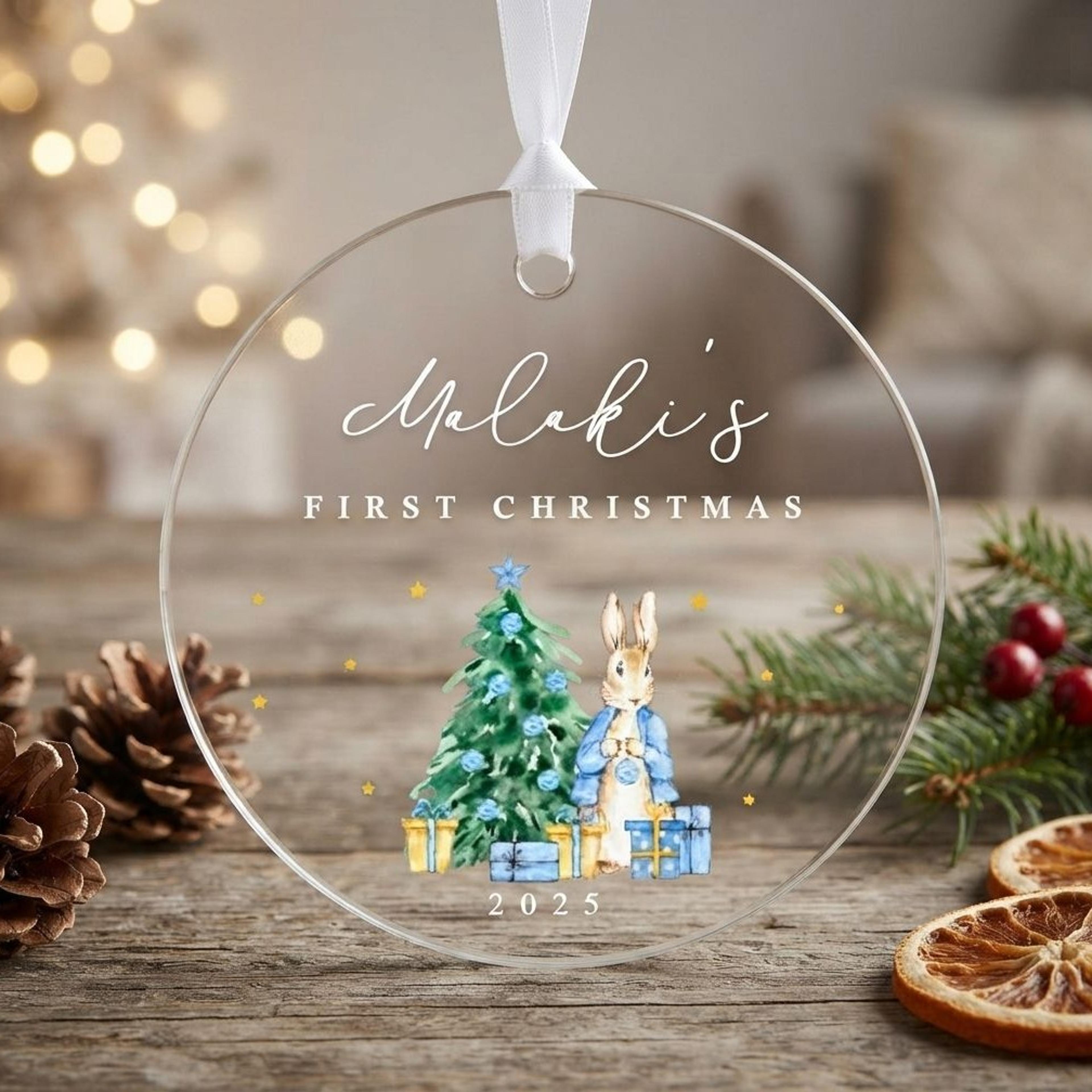 personalized baby first christmas ornament 2025, custom name peter rabbit bunny xmas keepsake, woodland christmas tree