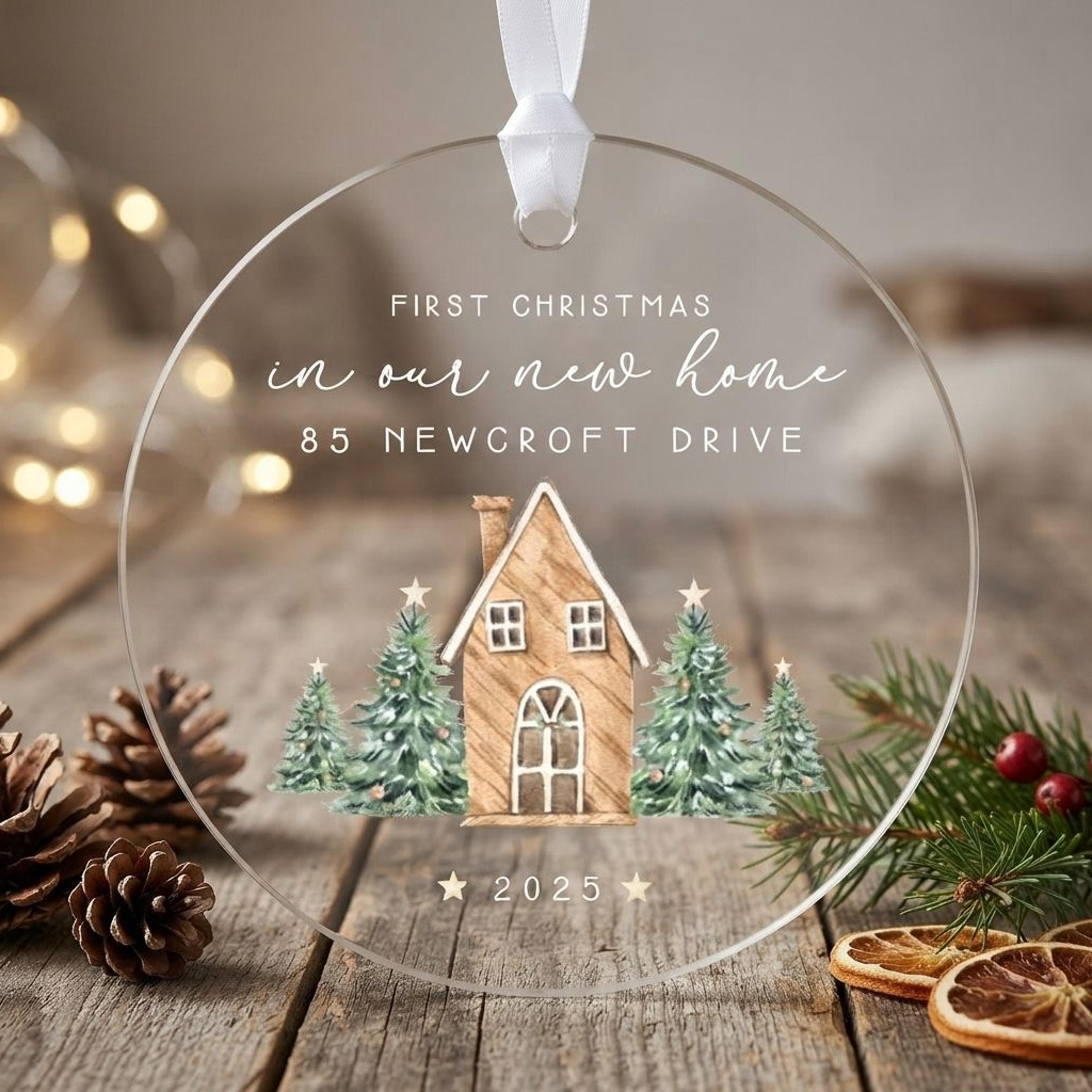 personalized first christmas new home ornament 2025, custom address housewarming gift, clear house christmas tree