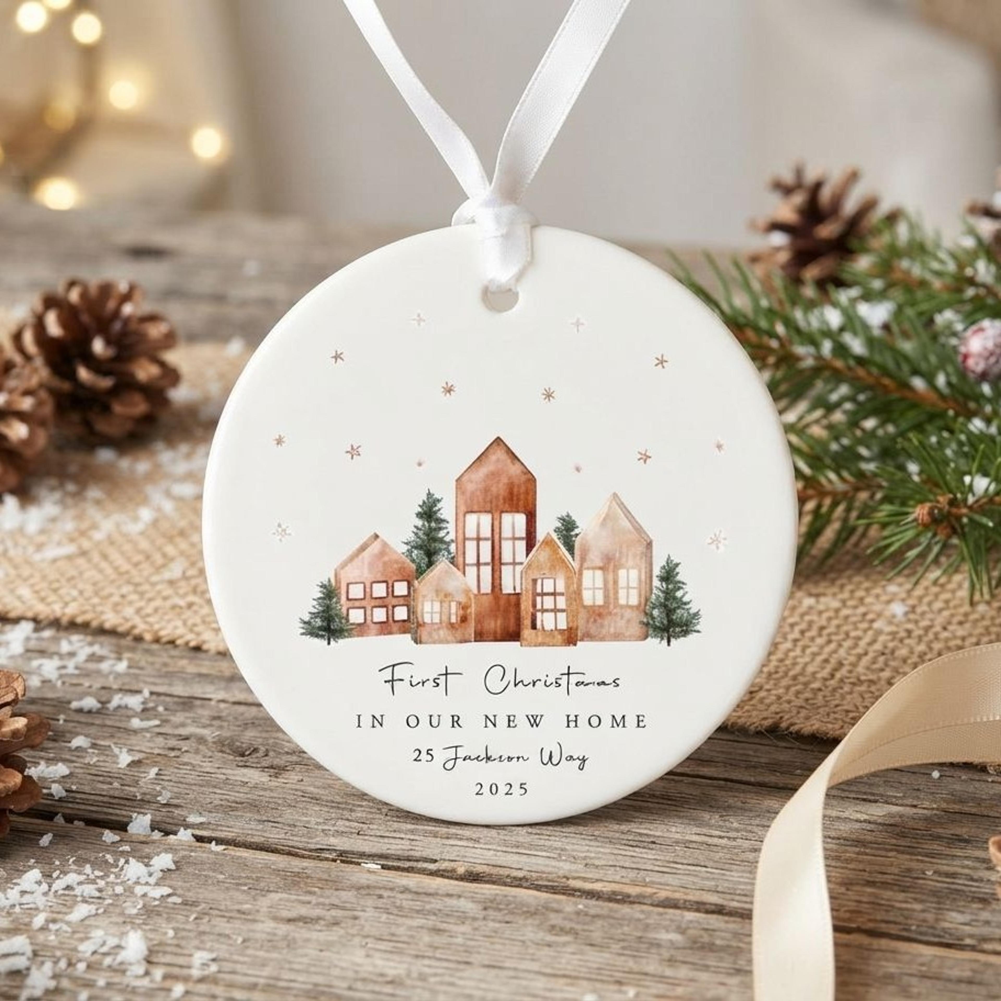 personalized first christmas new home ornament 2025, custom address housewarming gift, watercolor village christmas keep