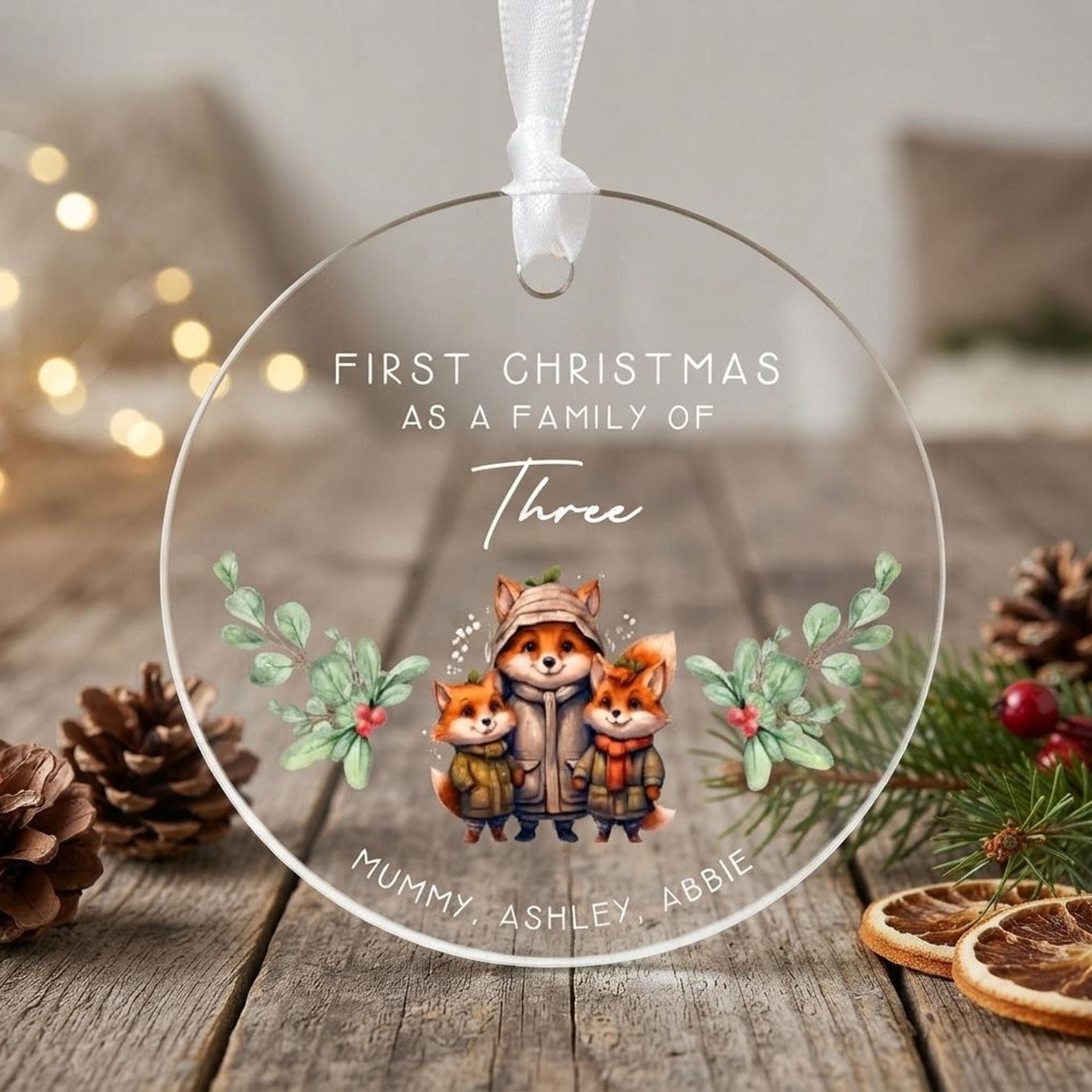 personalized first christmas family of three ornament, custom 3 names fox family xmas keepsake, new baby christmas tree