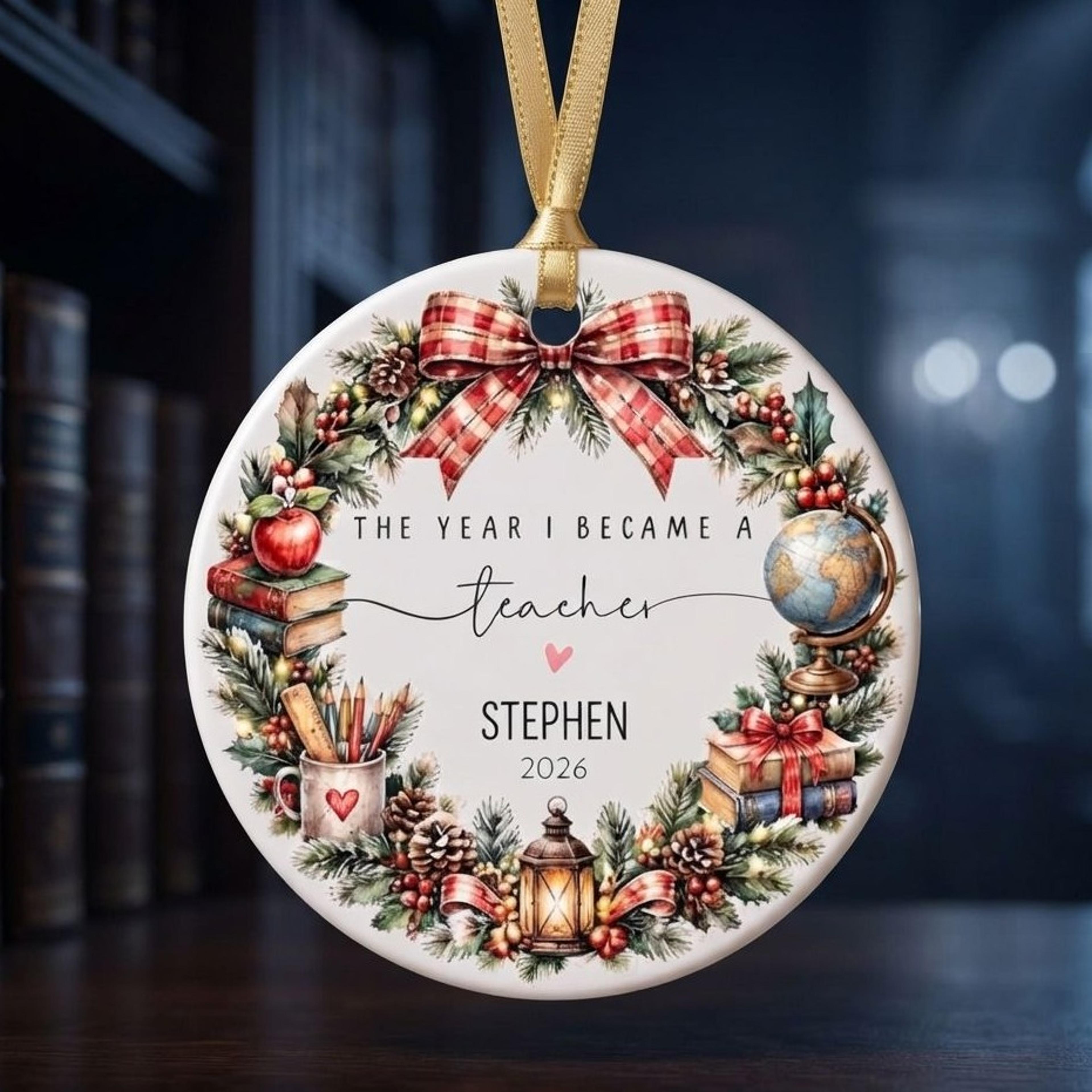 personalized first year teacher christmas ornament 2026, the year i became a teacher keepsake, custom teacher name gift