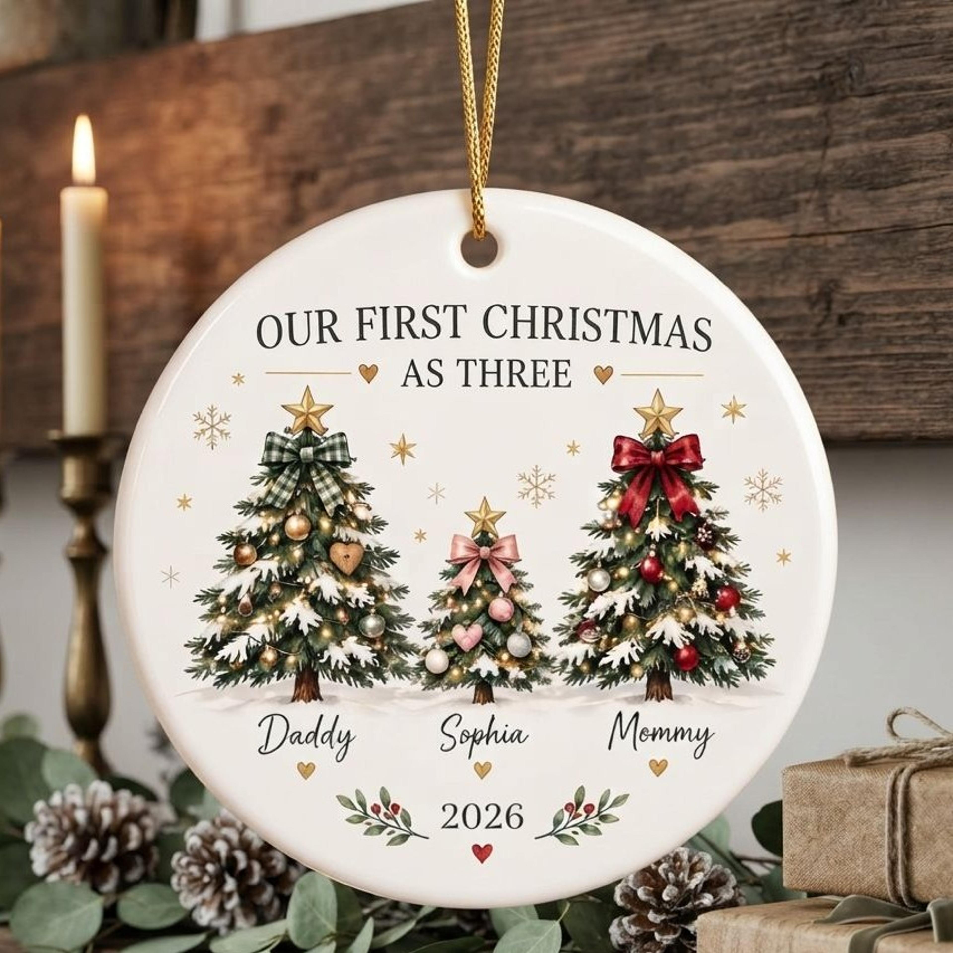personalized our first christmas as three ornament, custom family of 3 christmas trees keepsake, new baby holiday gift