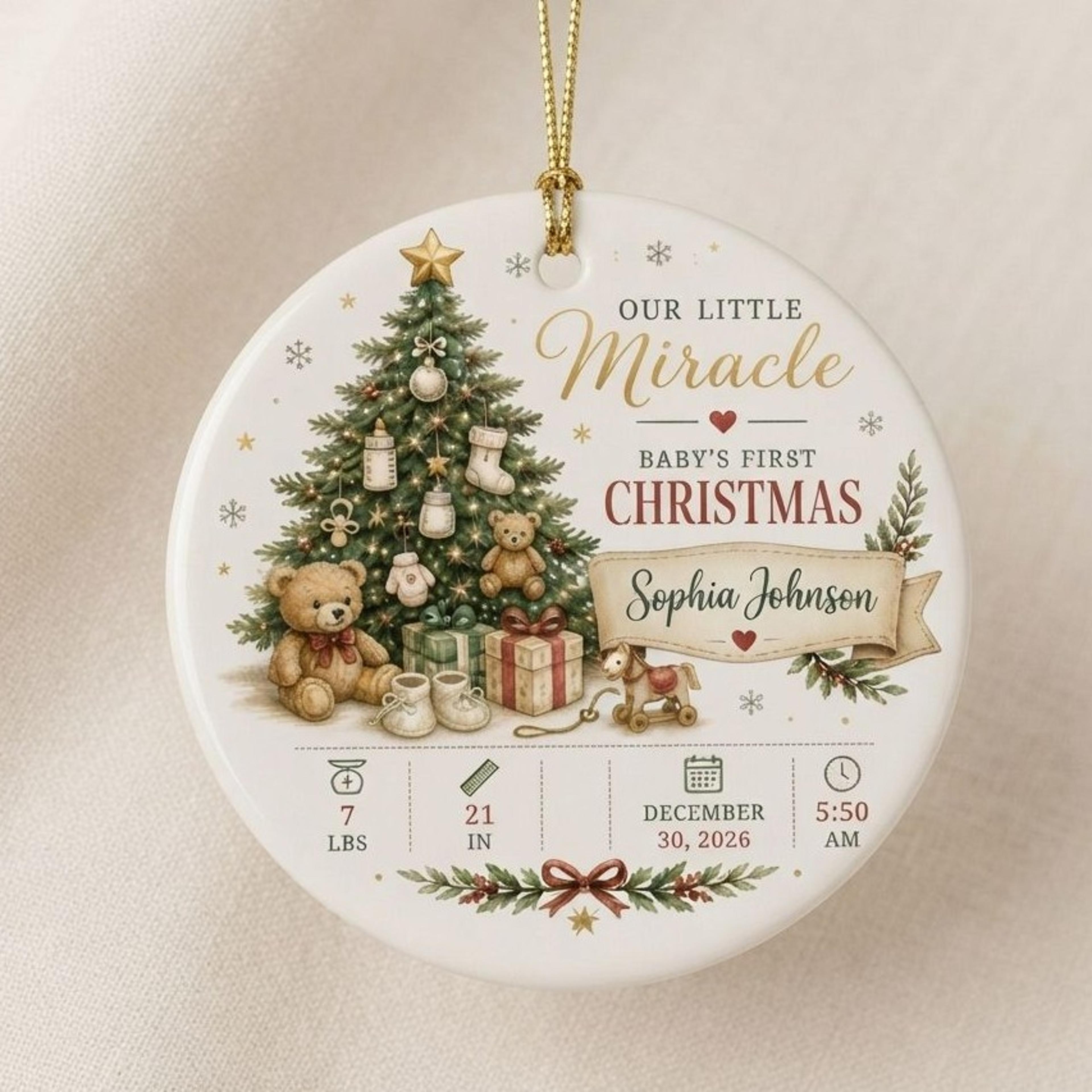 personalized baby's first christmas ornament 2026, custom baby birth stats keepsake, our little miracle newborn
