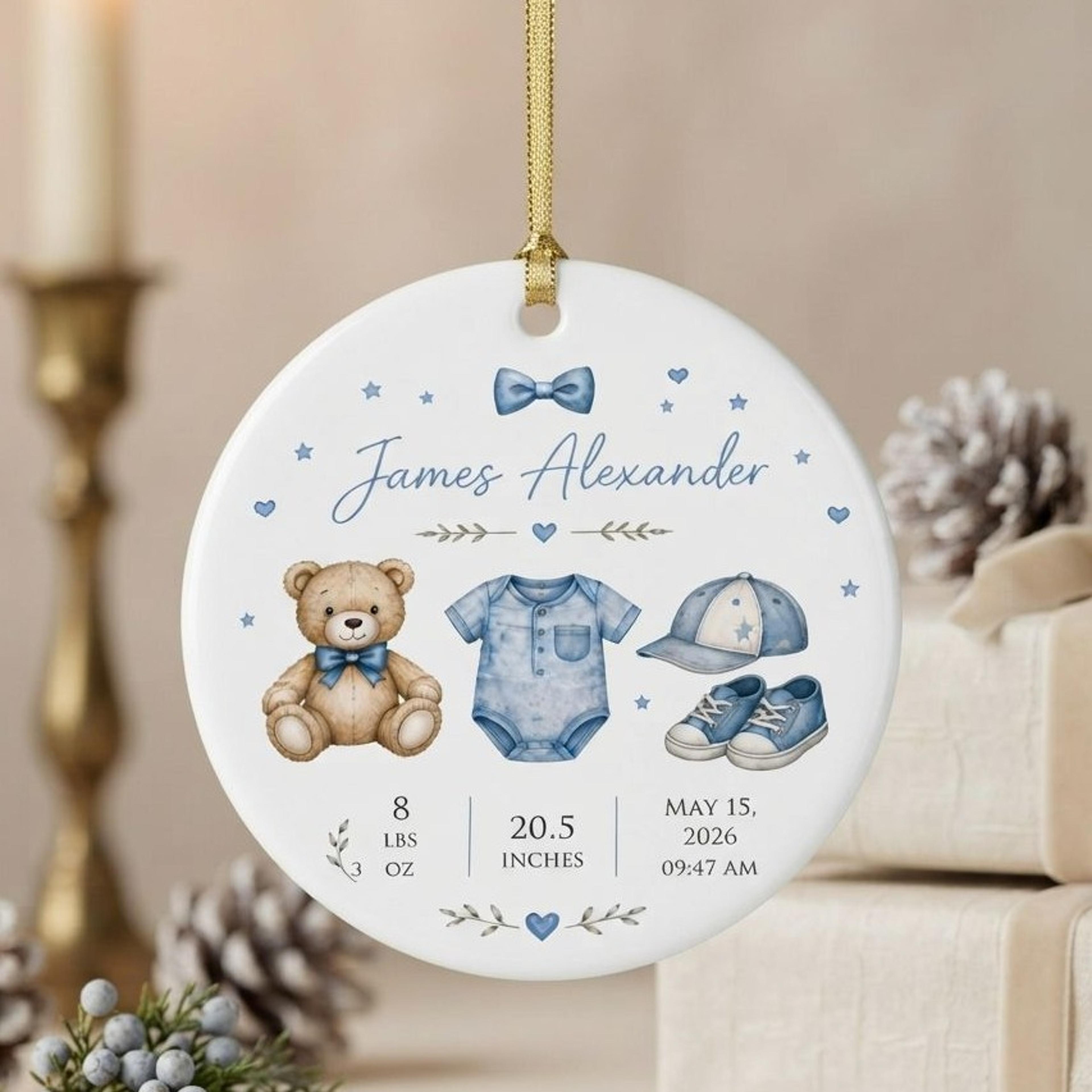 custom baby boy birth announcement ornament 2026, personalized newborn stats keepsake, blue teddy bear nursery gift for