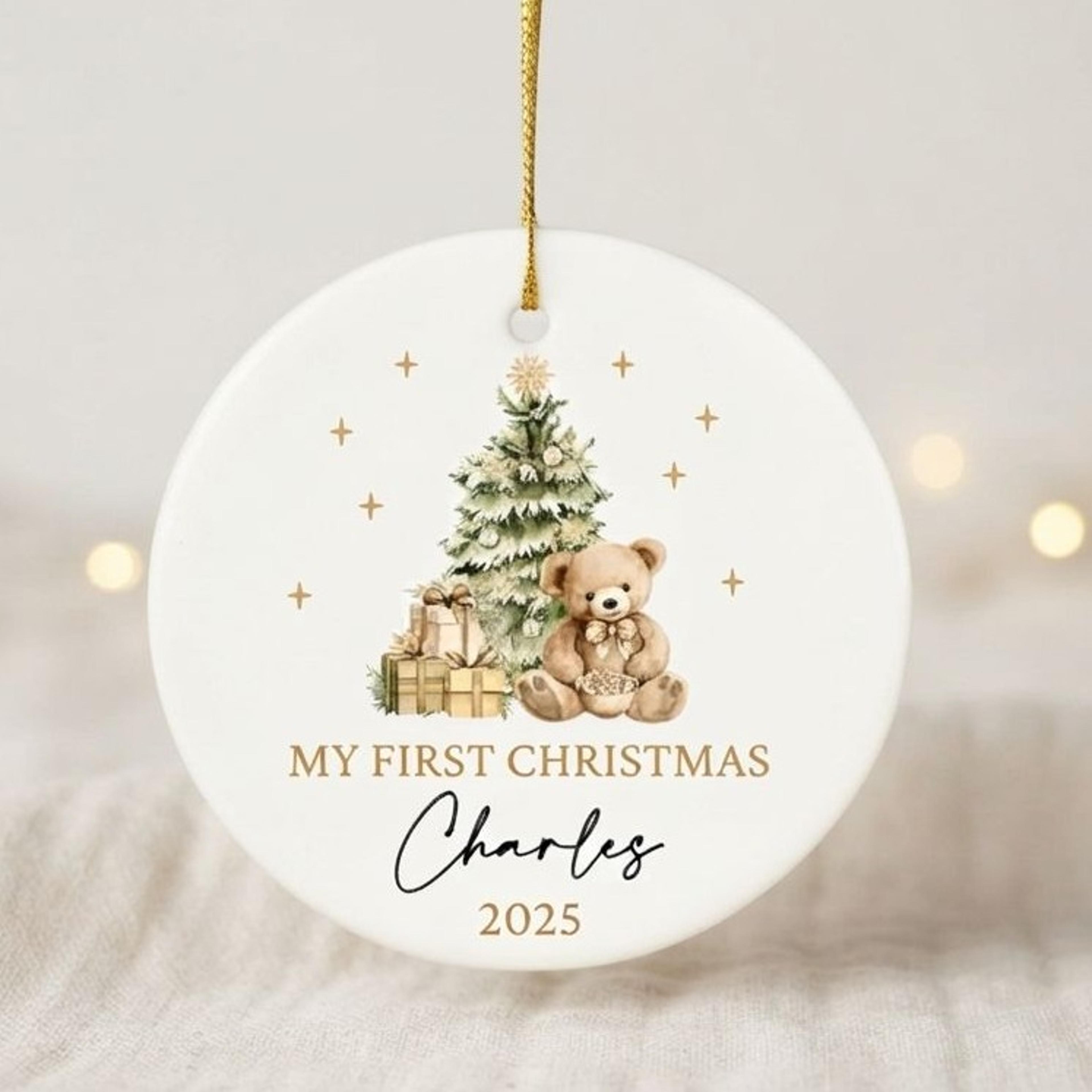 personalized baby first christmas ornament, custom baby name teddy bear christmas tree keepsake, newborn holiday gift