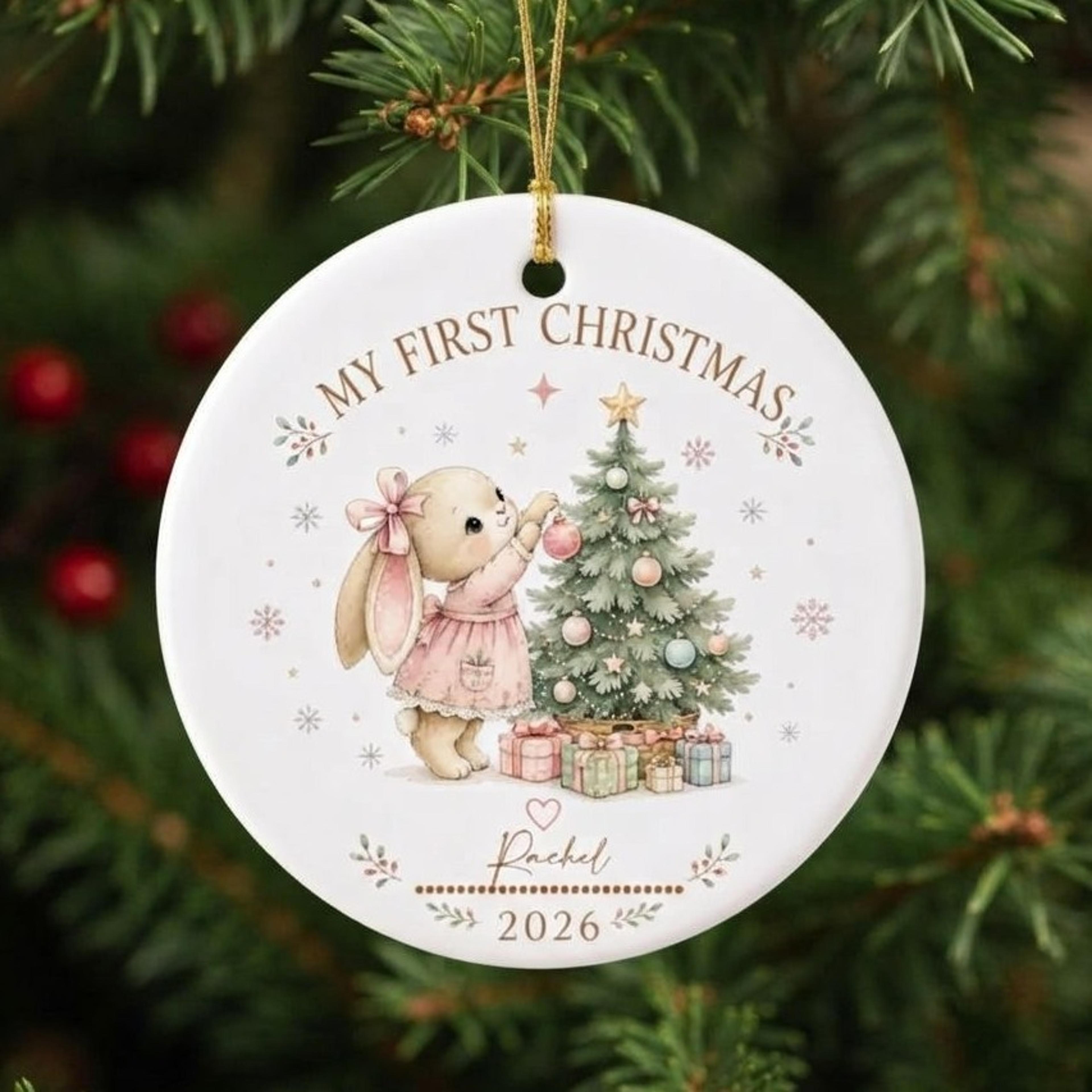 personalized baby girl first christmas ornament 2026, cute bunny christmas tree keepsake, custom baby name holiday gift
