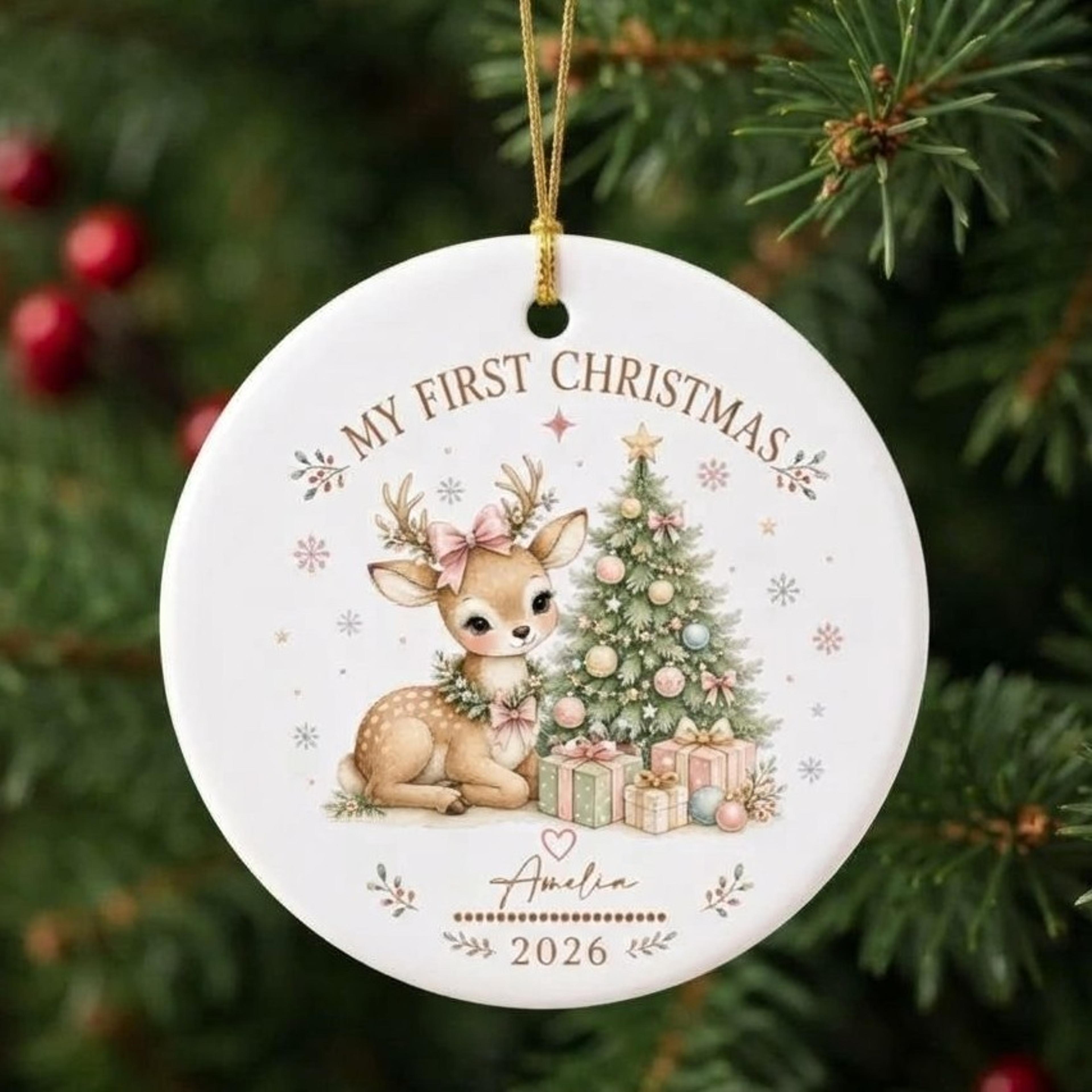 personalized baby first christmas deer ornament 2026, custom baby girl name keepsake, cute pink reindeer christmas gift