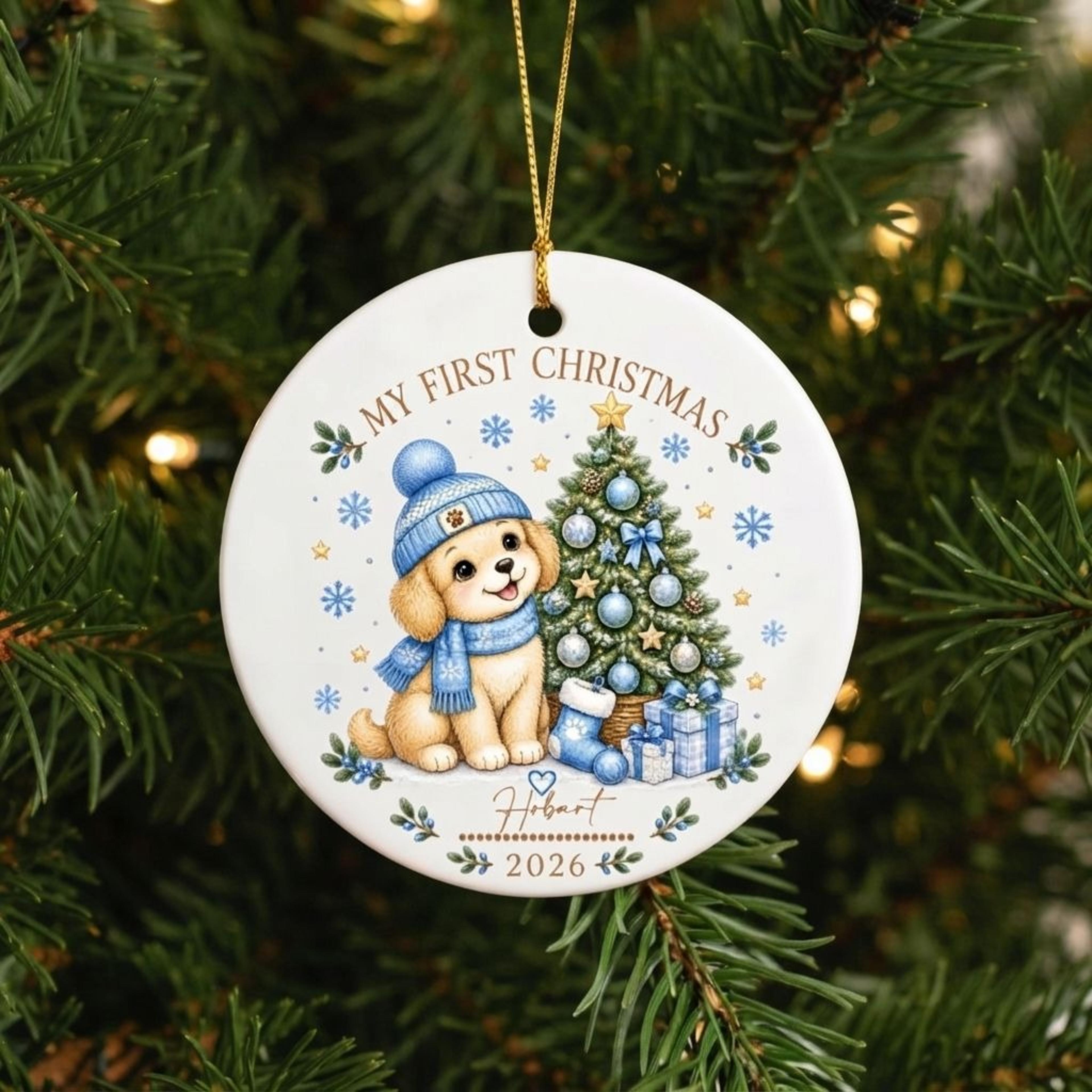 personalized puppy first christmas ornament 2026, cute golden retriever dog christmas keepsake, custom pet name holiday