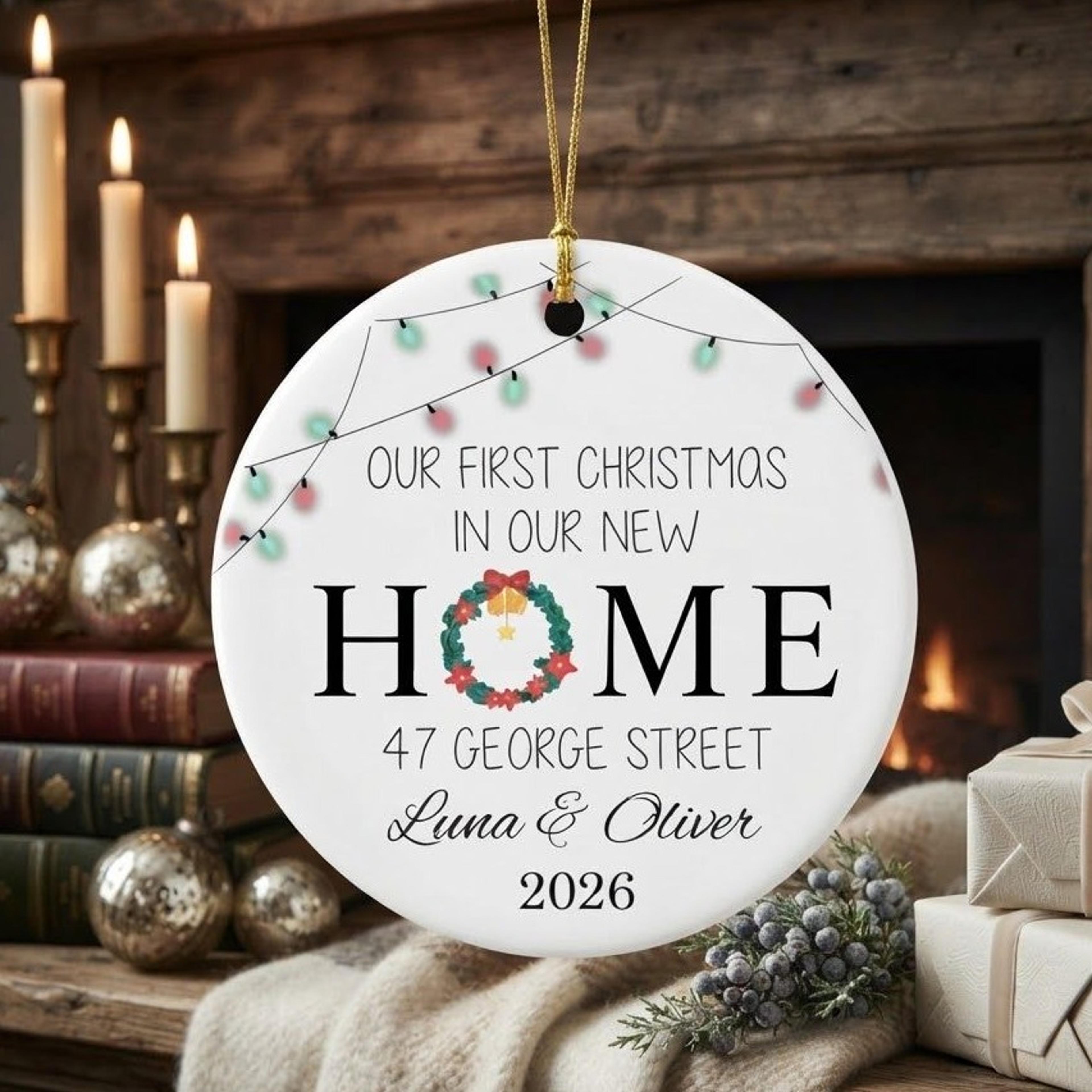 personalized first christmas in our new home ornament 2026, custom family name address christmas decoration, housewarmin