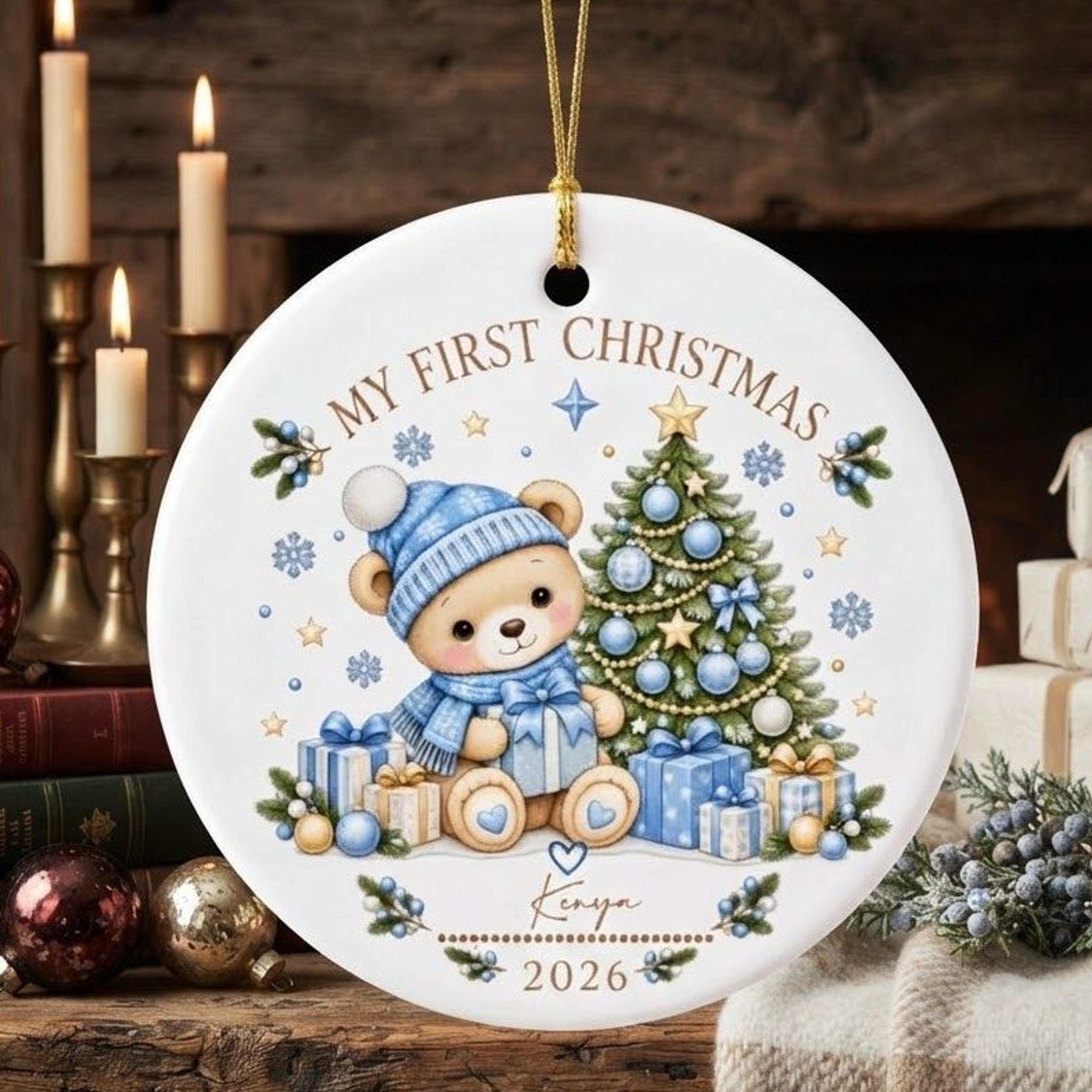 personalized baby boy first christmas ornament 2026, blue teddy bear christmas tree decoration, custom baby name keepsak