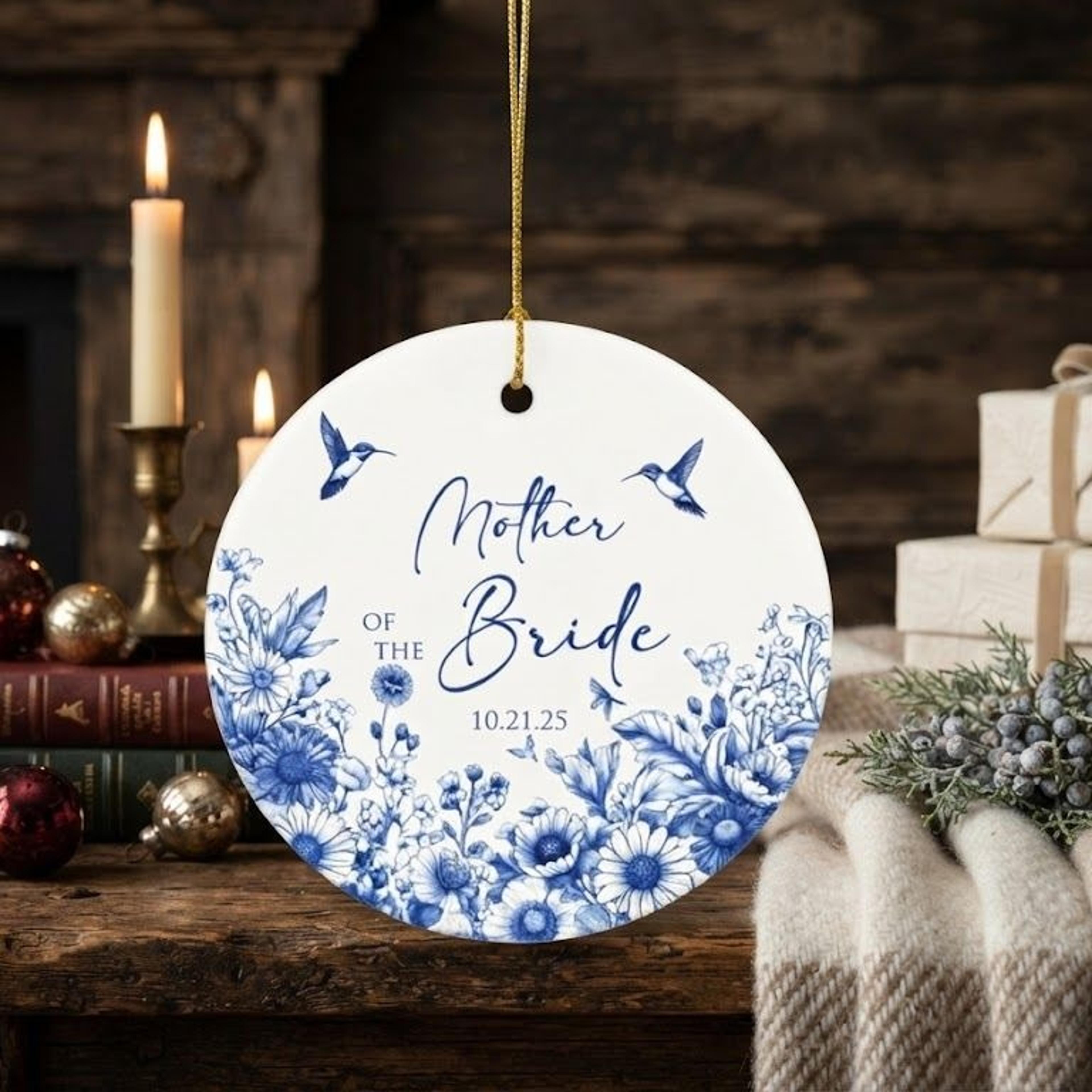 mother of the bride ornament, personalized wedding keepsake gift, blue floral wedding ornament, custom wedding date gift