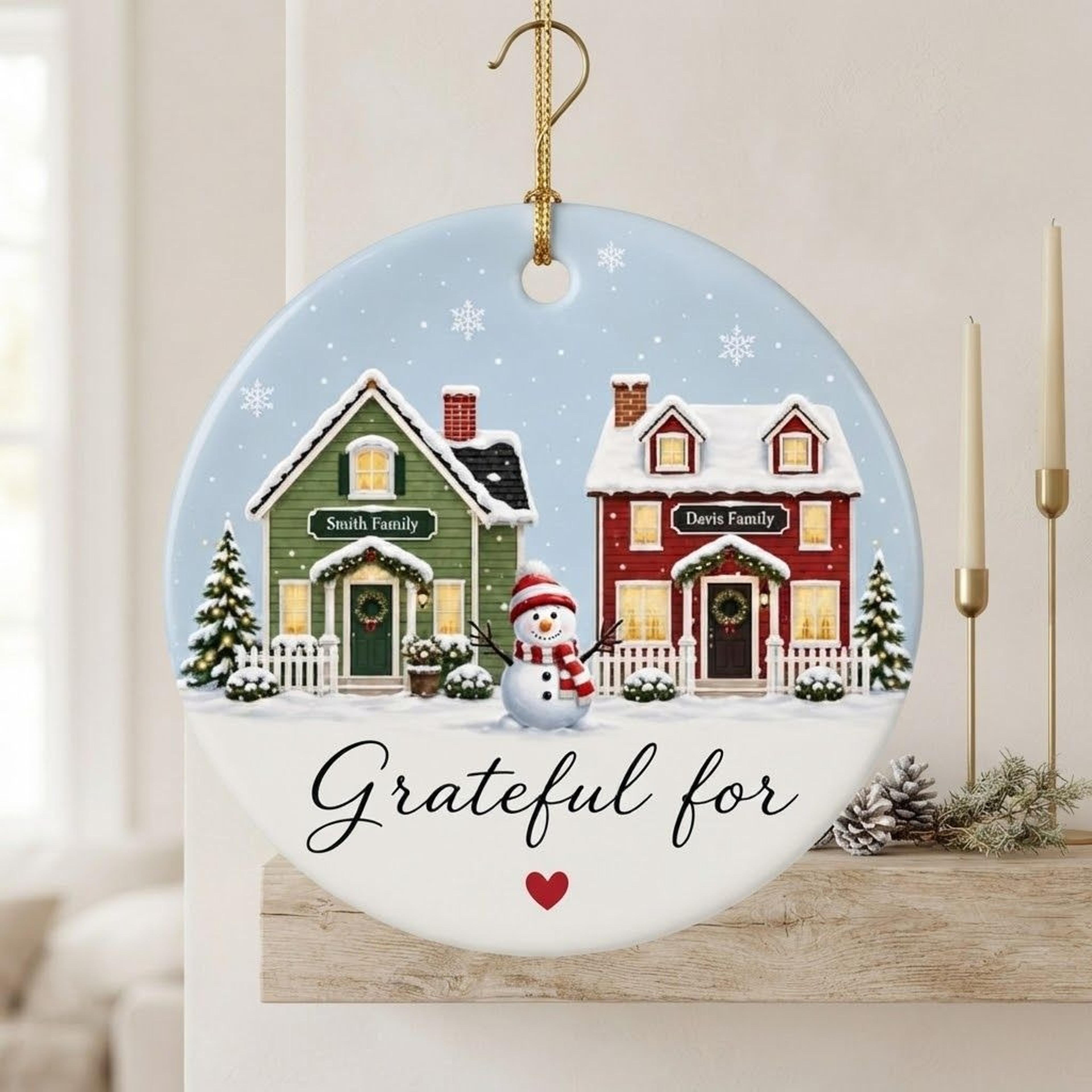 personalized grateful for neighbors christmas ornament, custom family name snowy houses, thankful neighbor gift, holiday