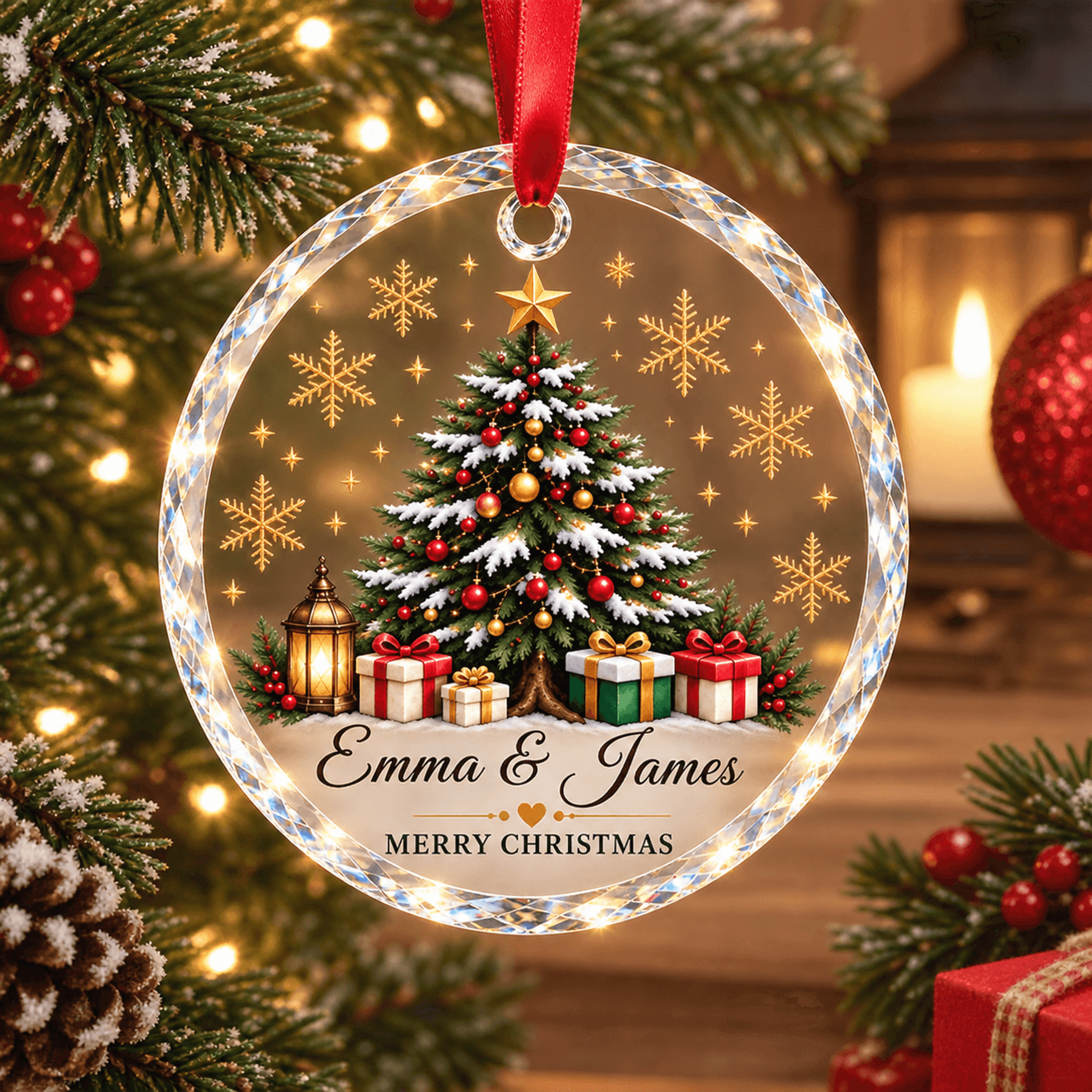 personalized christmas tree ornament, custom couple names crystal glass ornament, festive snowflake holiday keepsake
