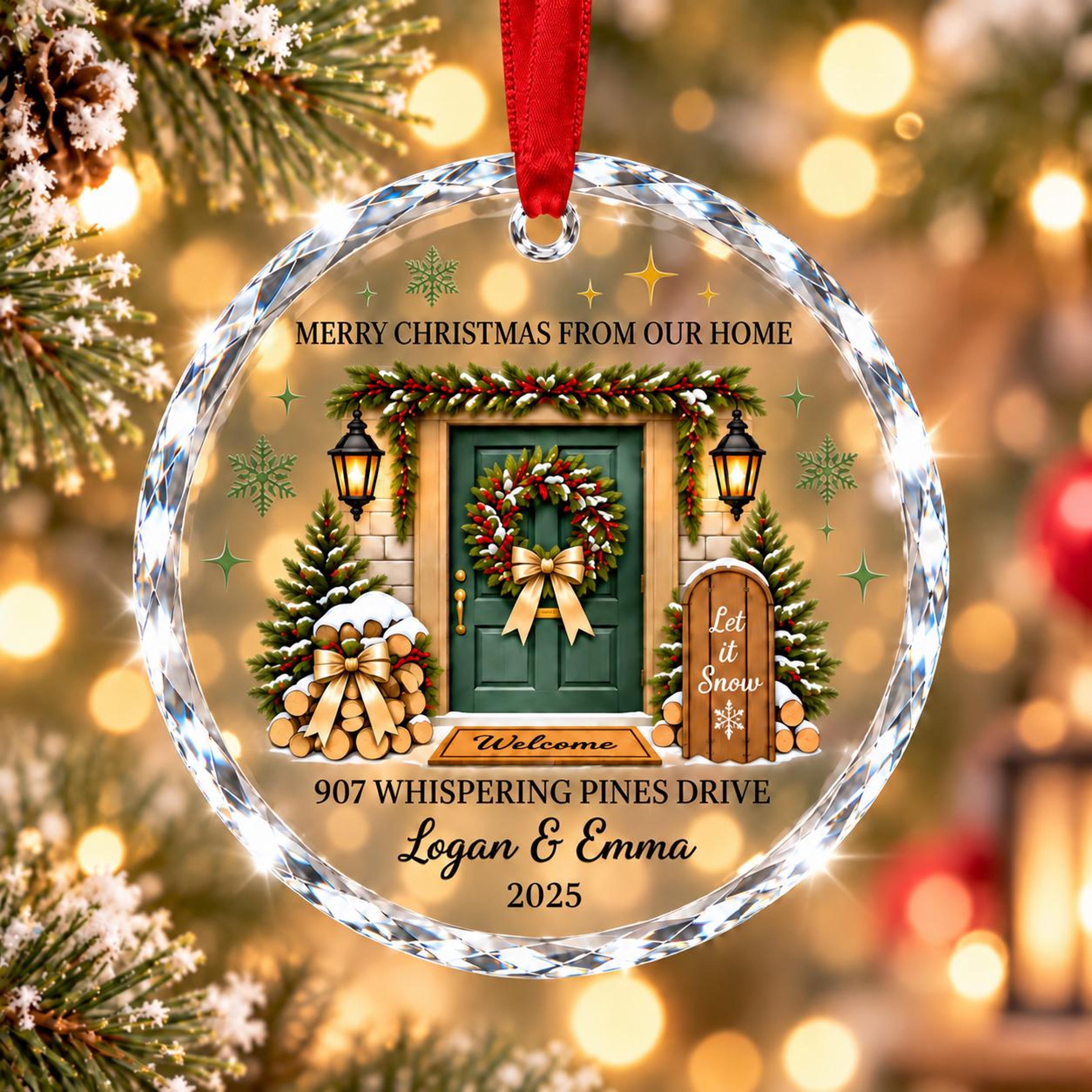 personalized christmas house ornament, custom family name and address keepsake, new home christmas gift, crystal holiday