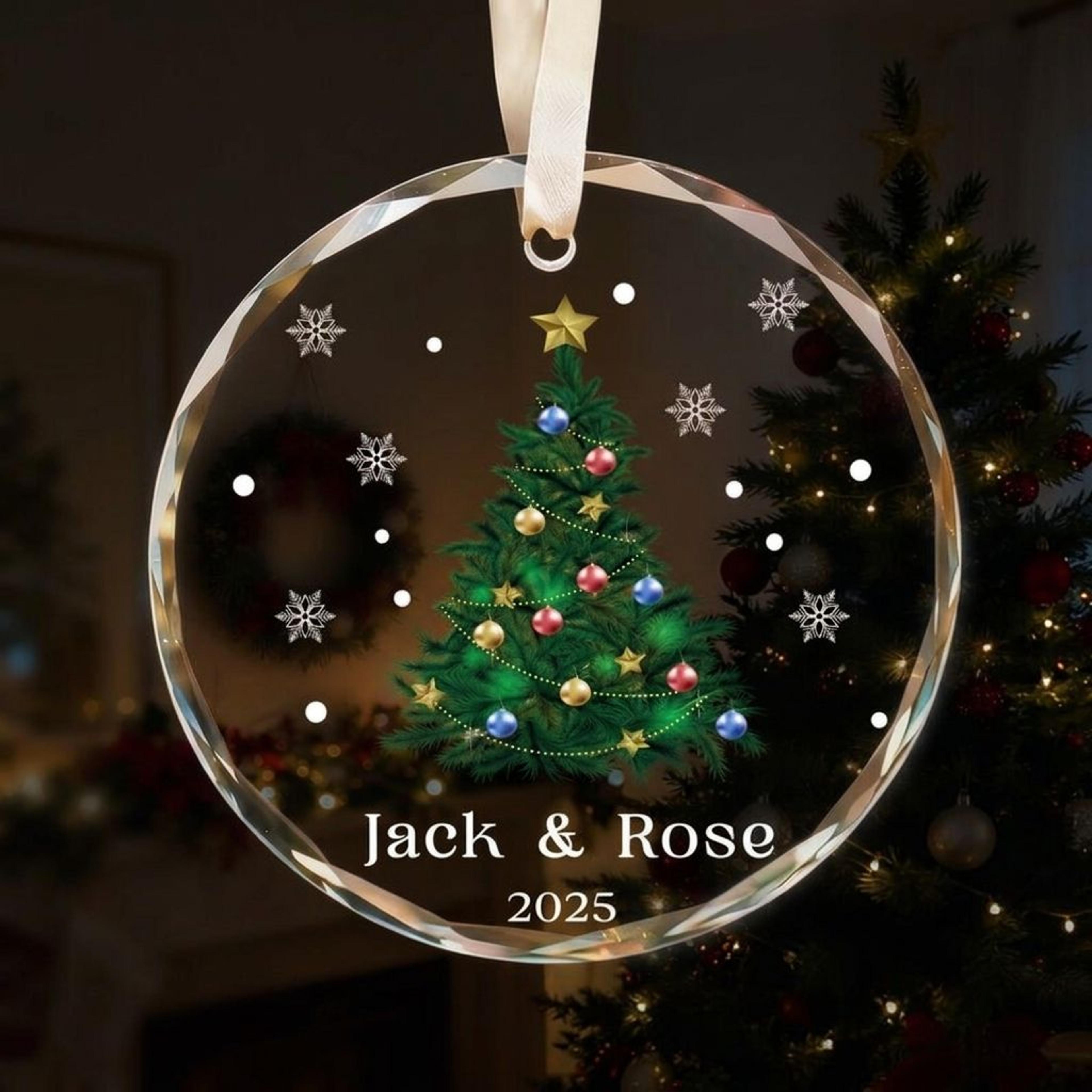 personalized christmas tree crystal ornament, custom couple names holiday decoration, festive christmas keepsake gift