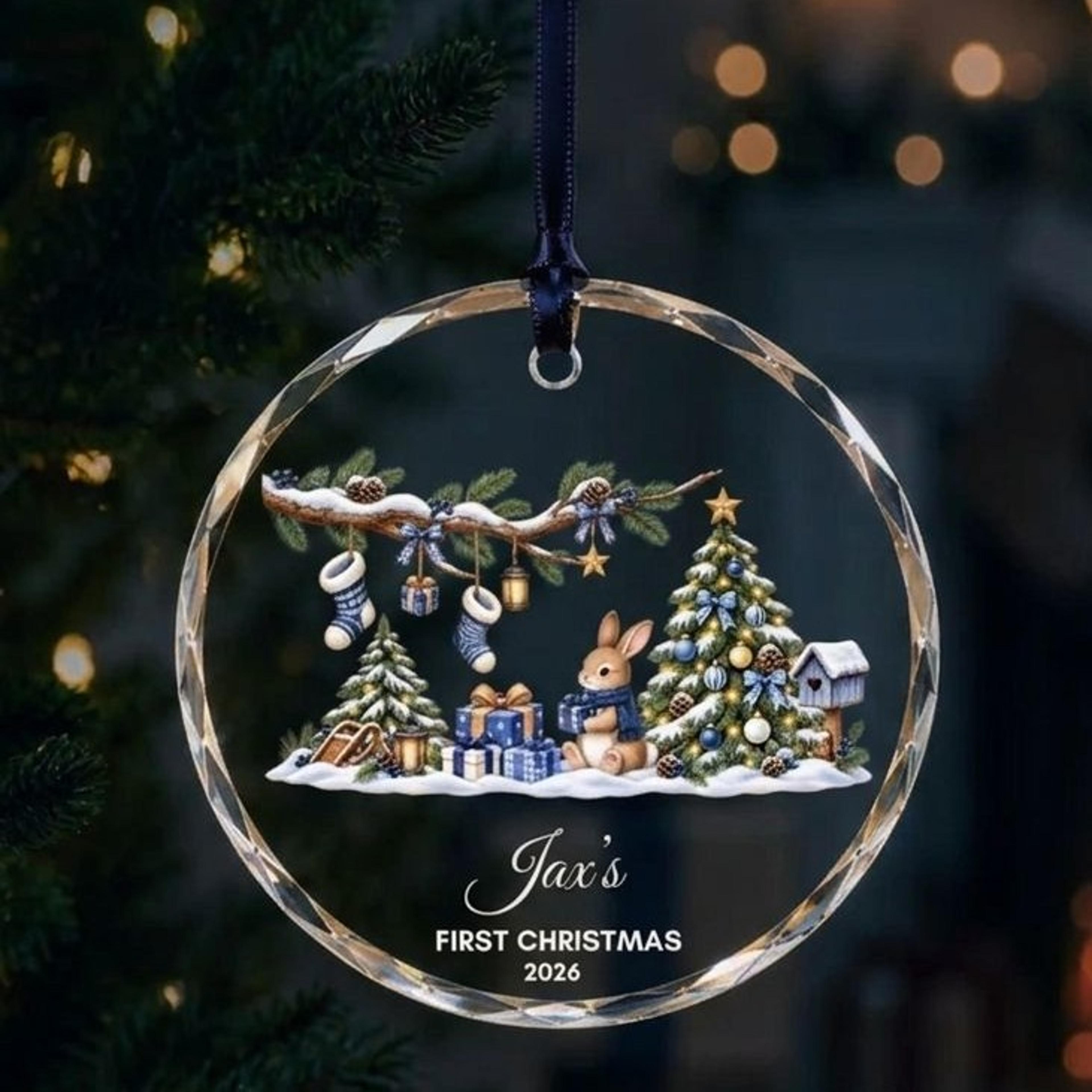 personalized baby first christmas ornament, cute bunny christmas tree decoration, custom name baby keepsake, newborn