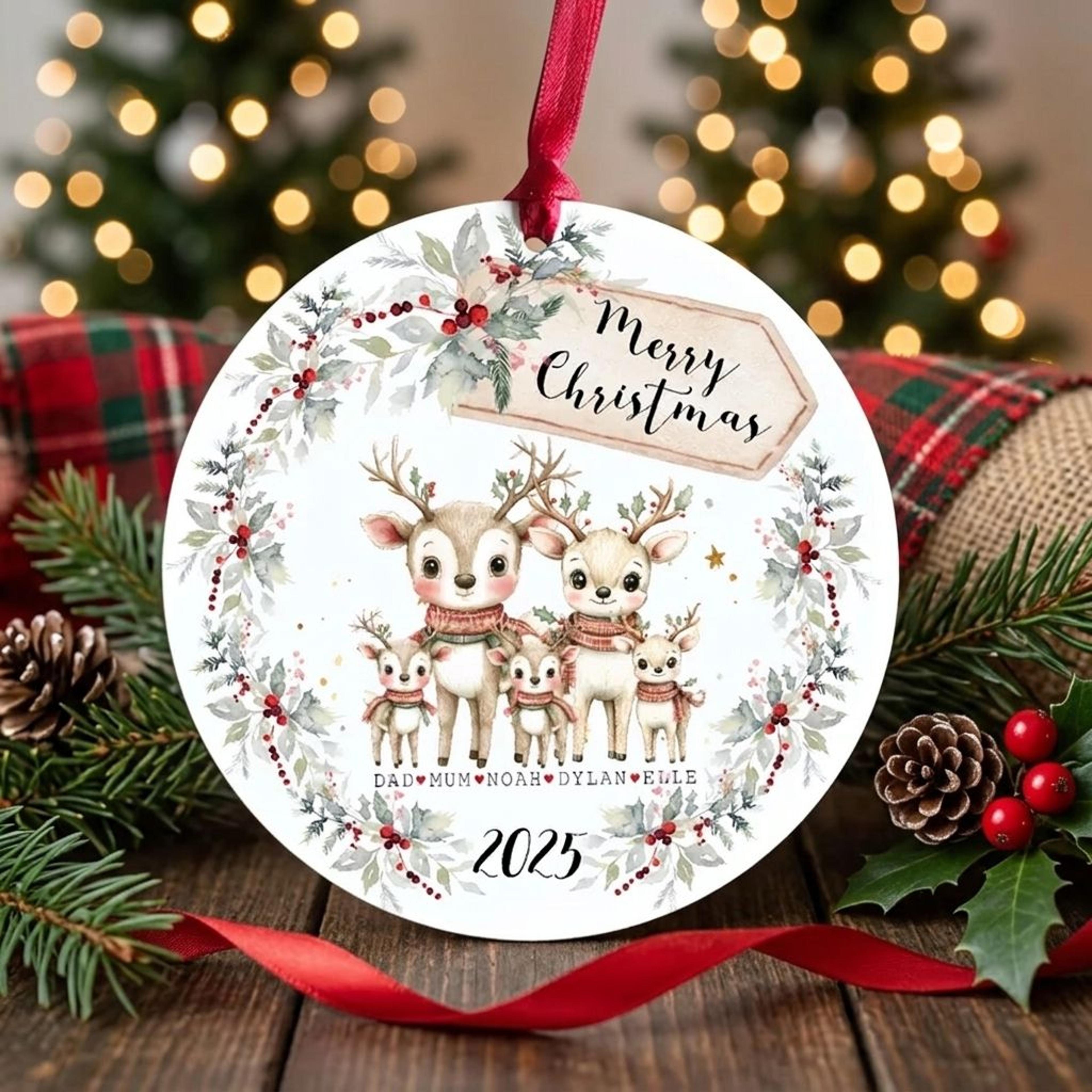 personalized reindeer family christmas ornament, custom family names holiday decoration, cute deer family keepsake