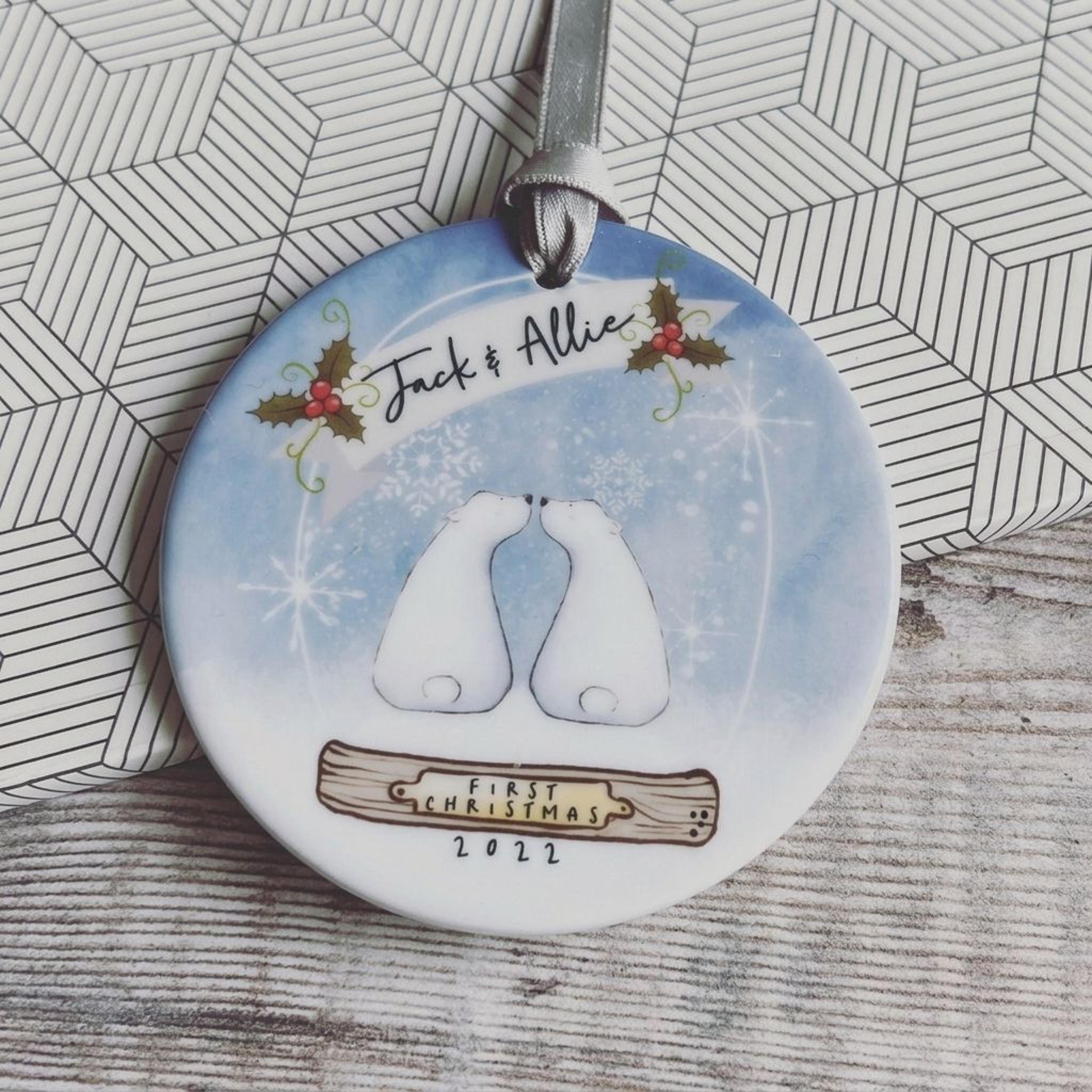 personalized polar bear first christmas ornament, custom couple names christmas keepsake, cute winter bear holiday tree