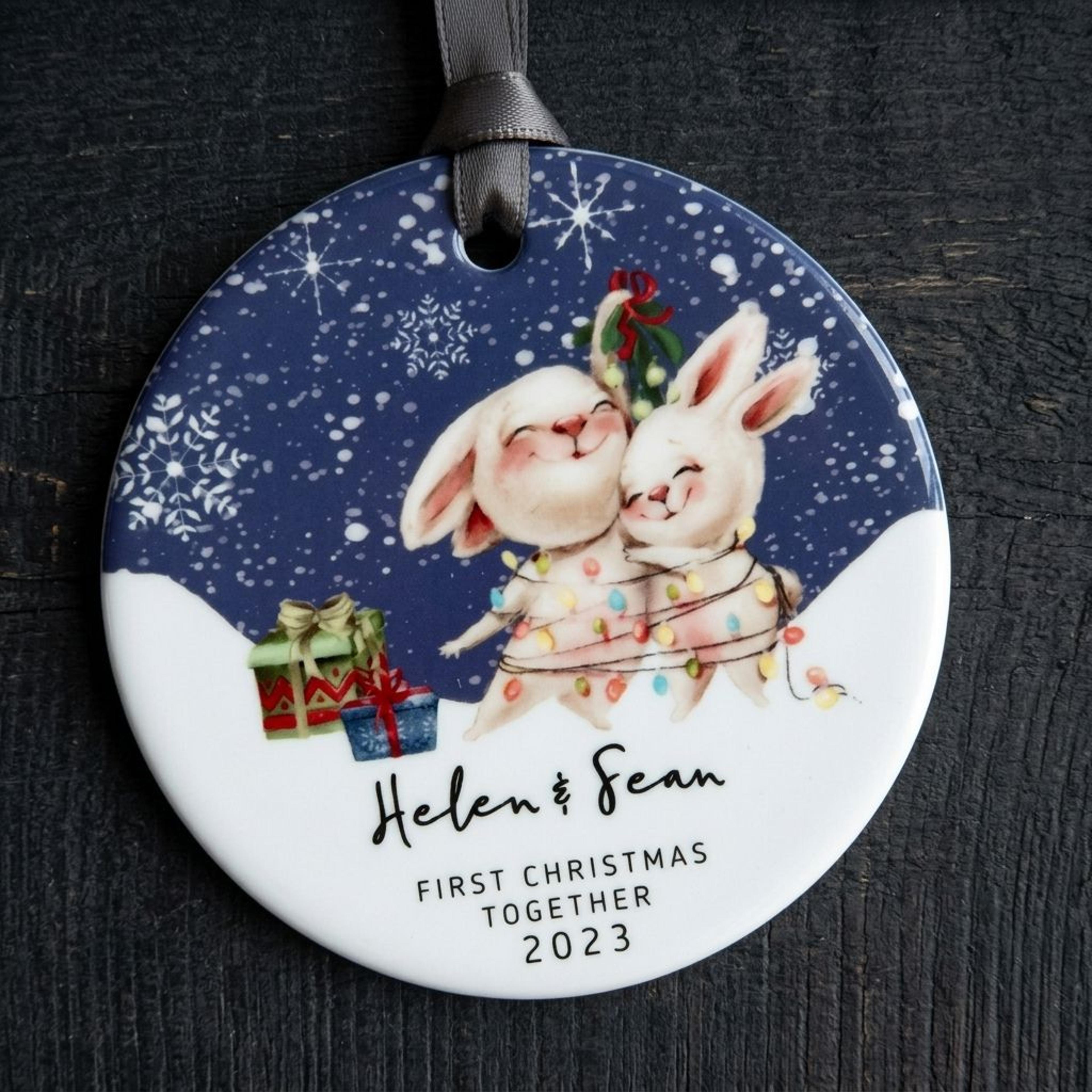 personalized first christmas together ornament, cute bunny couple christmas decoration, custom names and year romantic